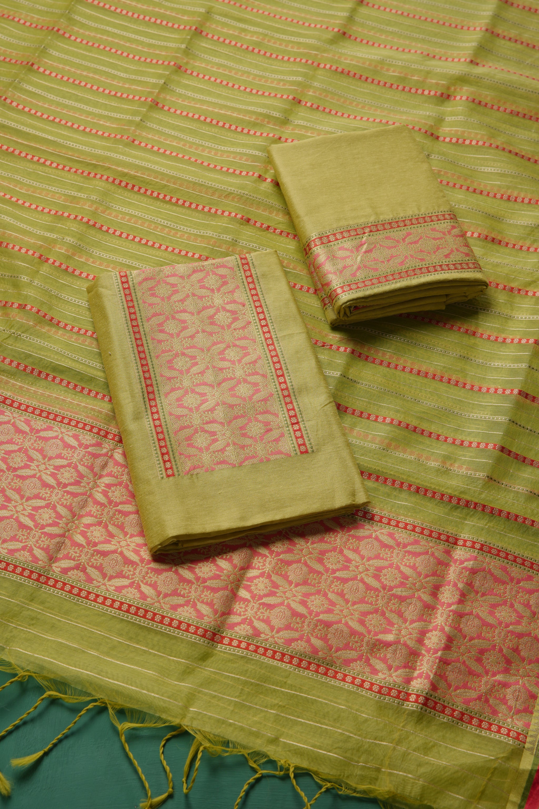 Velisse Pista Green Raw Silk Unstitched Suit Set