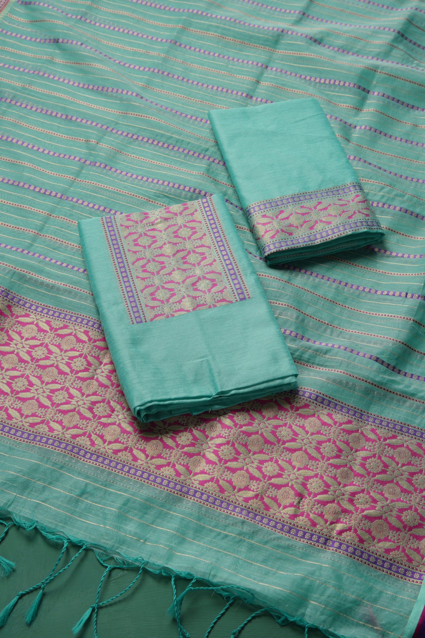 Velisse Teal Raw Silk Unstitched Suit Set