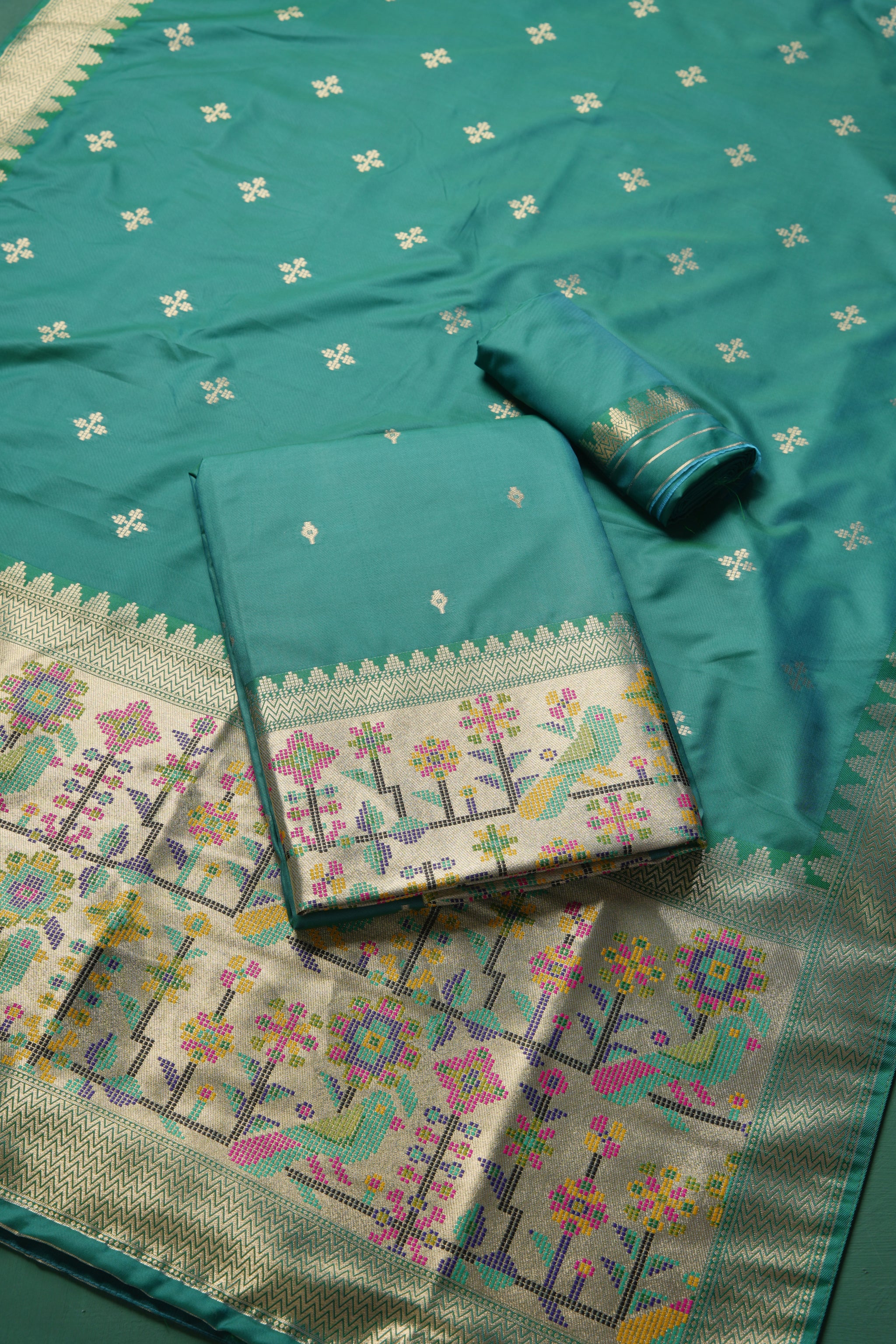 Silk Aura Teal Silk Blend Unstitched Suit Set