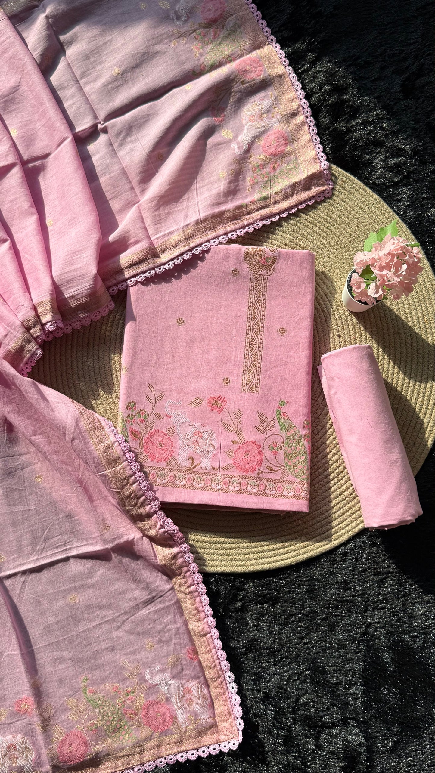 Peony Paisley Pink Pure Cotton Unstitched Suit Set