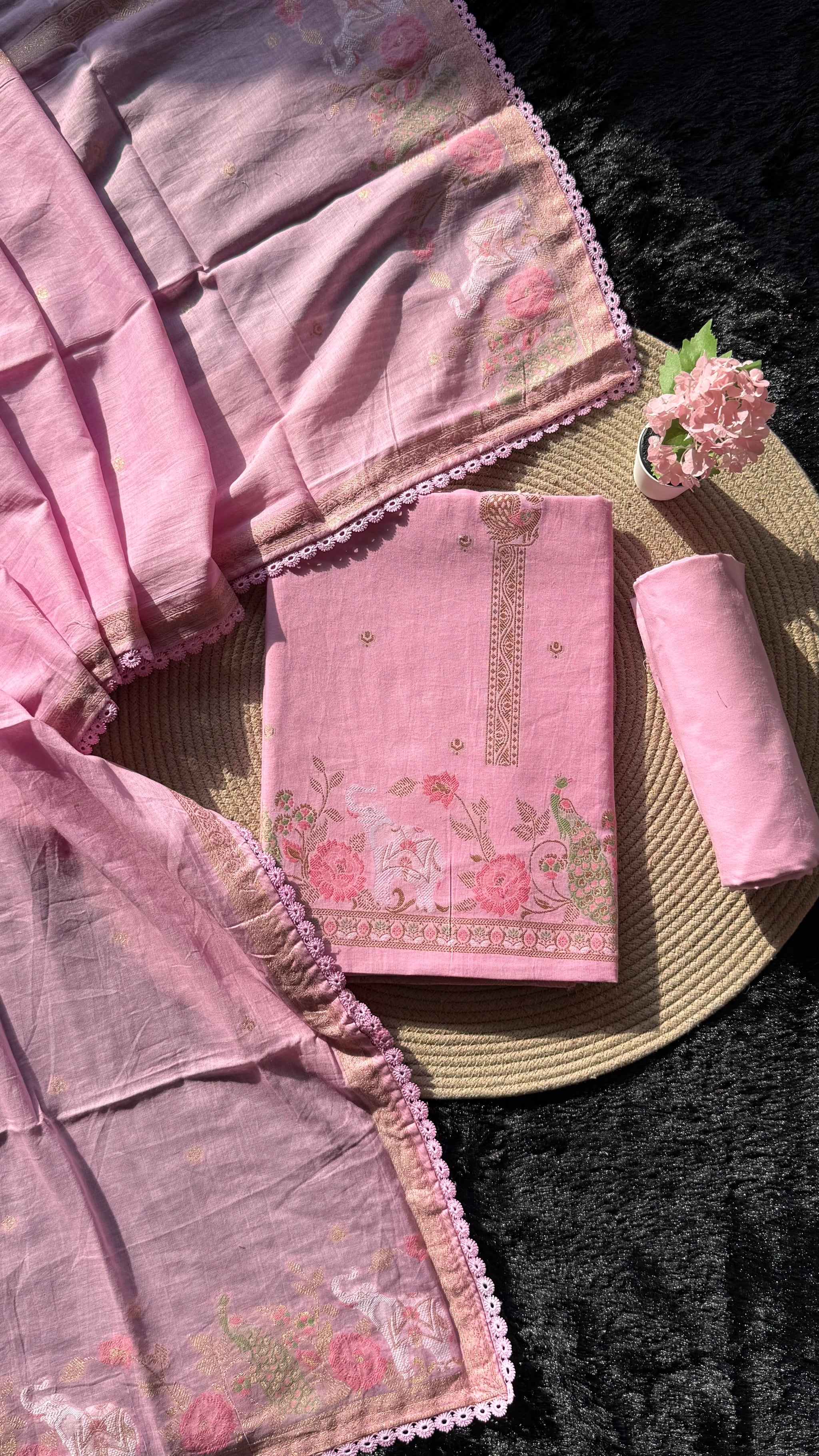 Peony Paisley Pink Pure Cotton Unstitched Suit Set