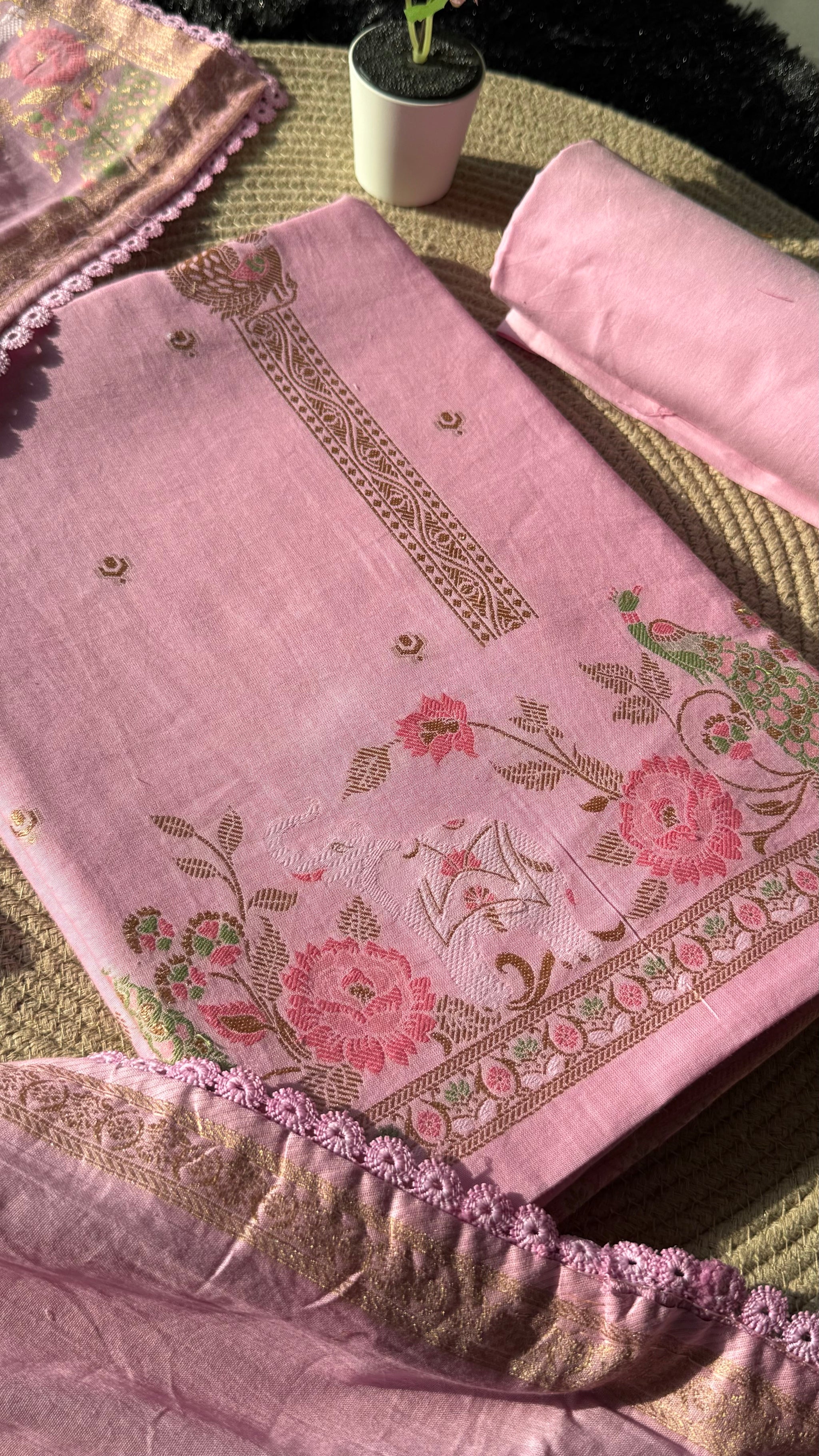 Peony Paisley Pink Pure Cotton Unstitched Suit Set