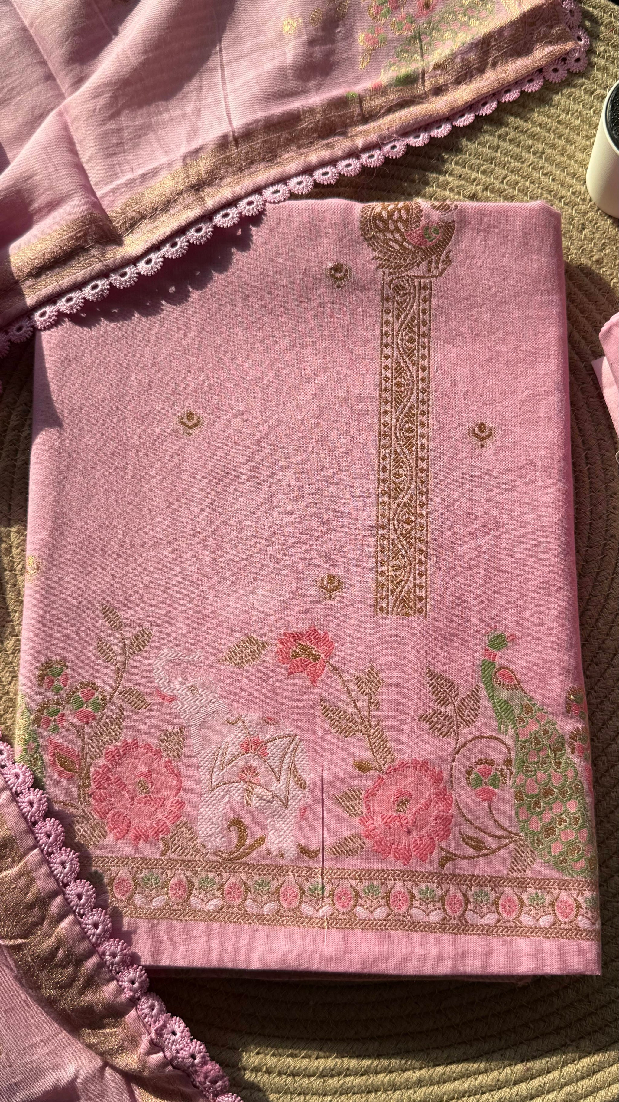 Peony Paisley Pink Pure Cotton Unstitched Suit Set