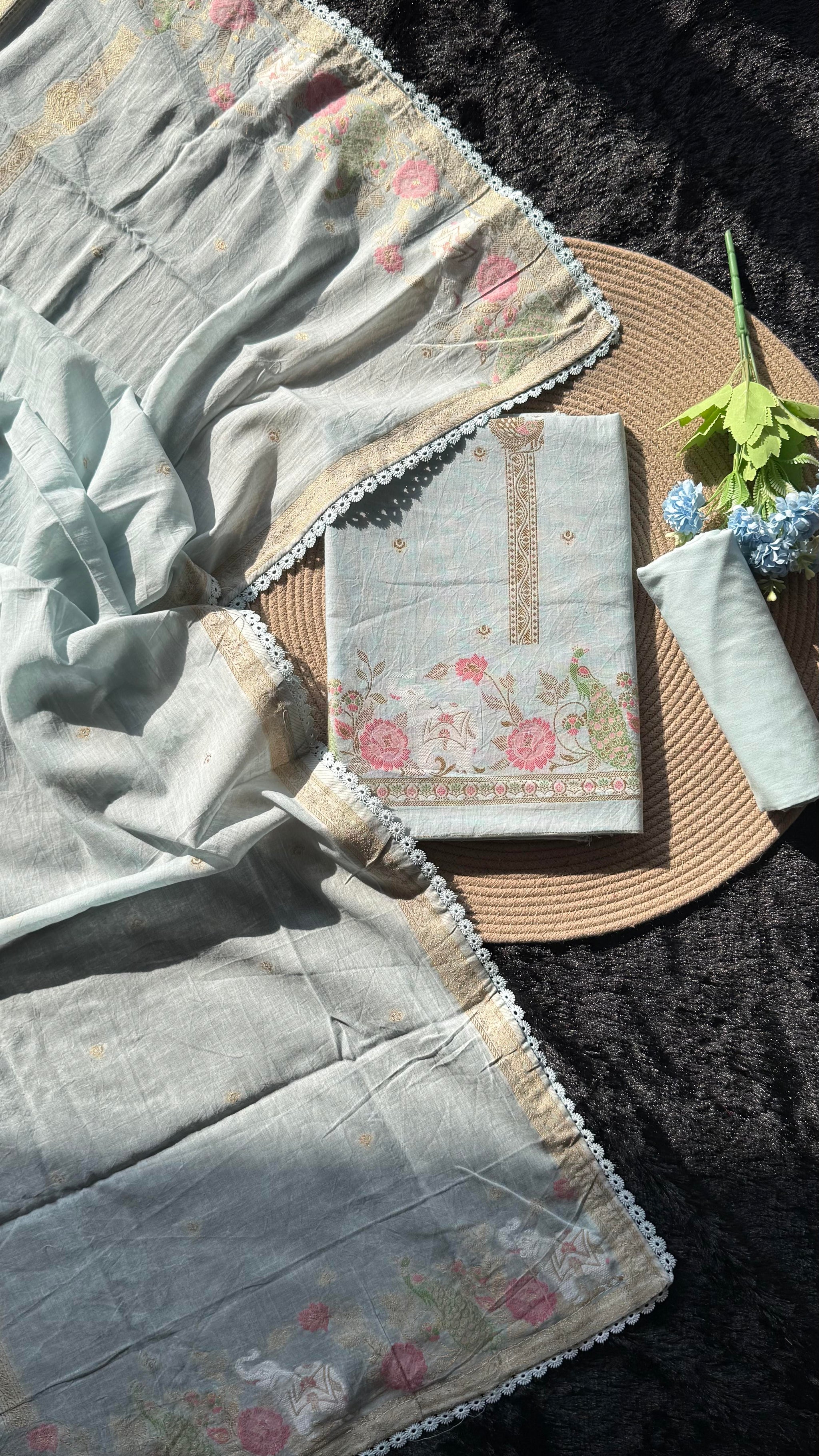 Peony Paisley Sky Blue Pure Cotton Unstitched Suit Set