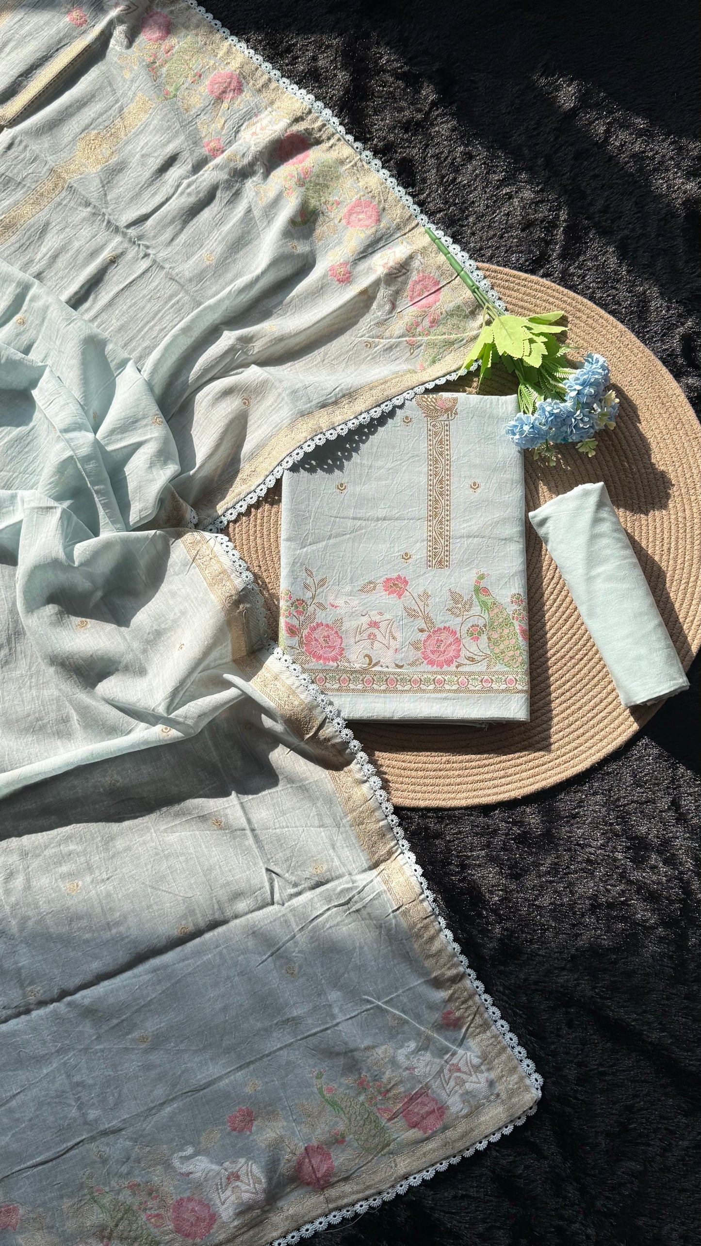 Peony Paisley Sky Blue Pure Cotton Unstitched Suit Set