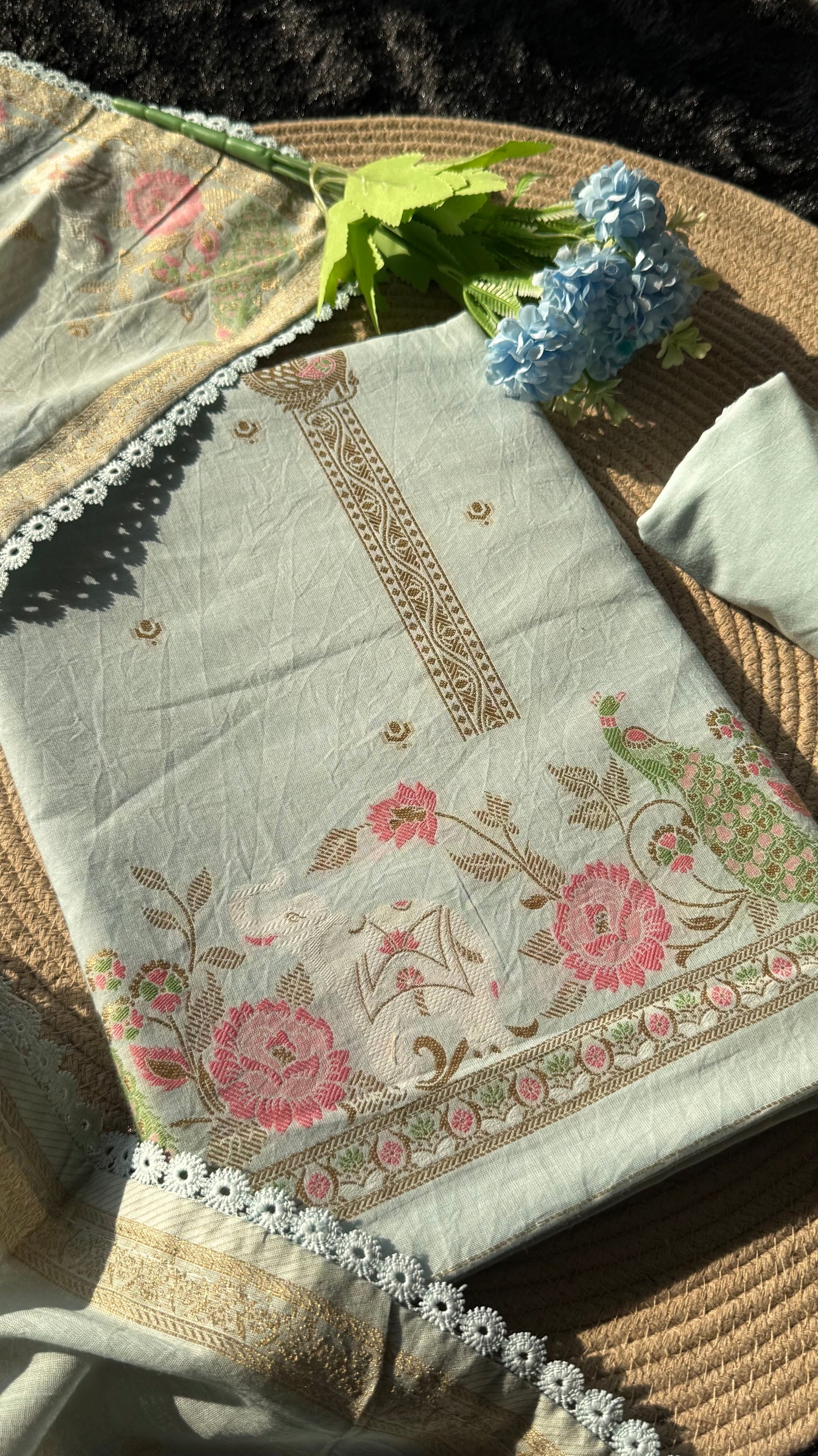 Peony Paisley Sky Blue Pure Cotton Unstitched Suit Set