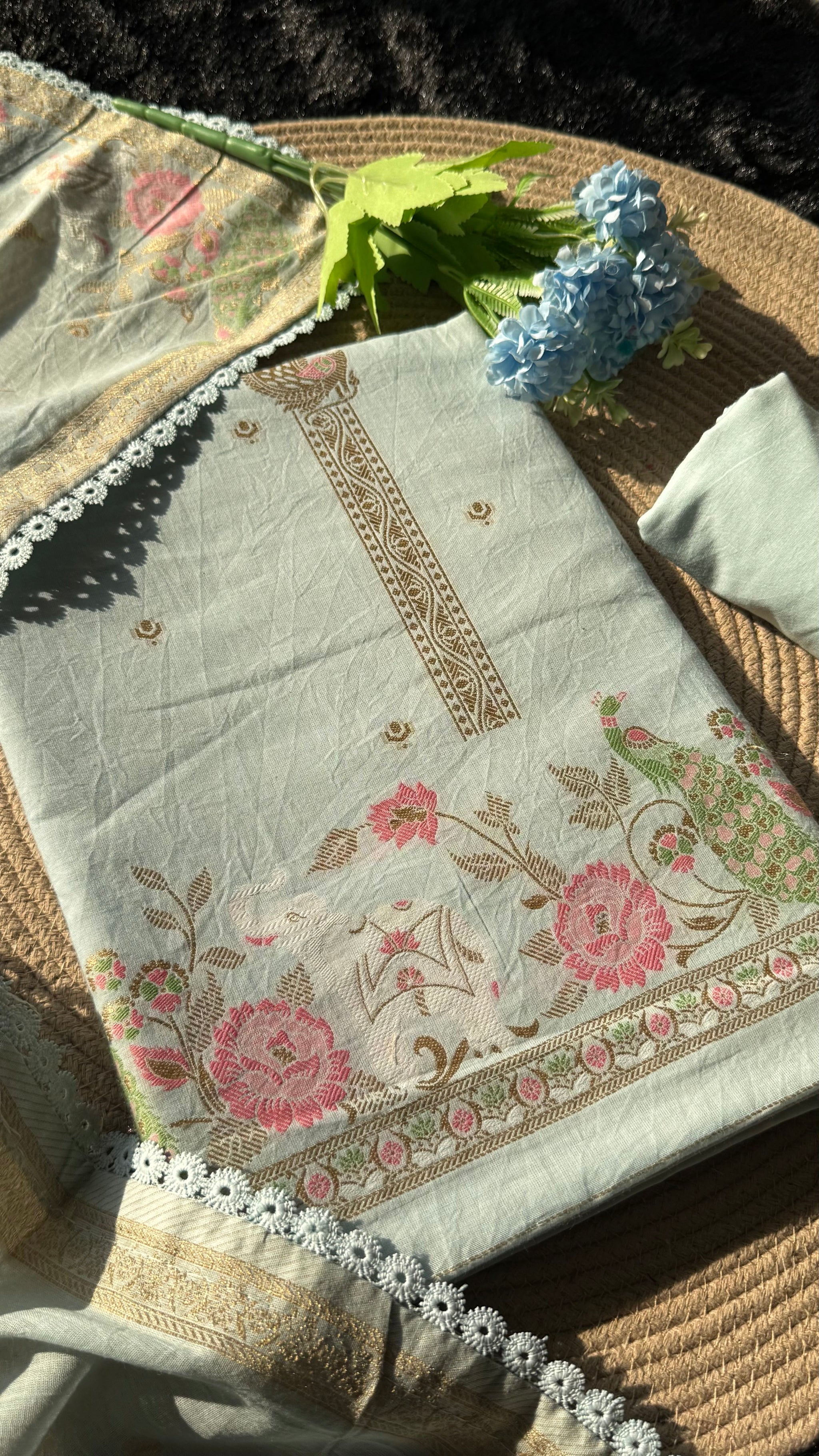 Peony Paisley Sky Blue Pure Cotton Unstitched Suit Set