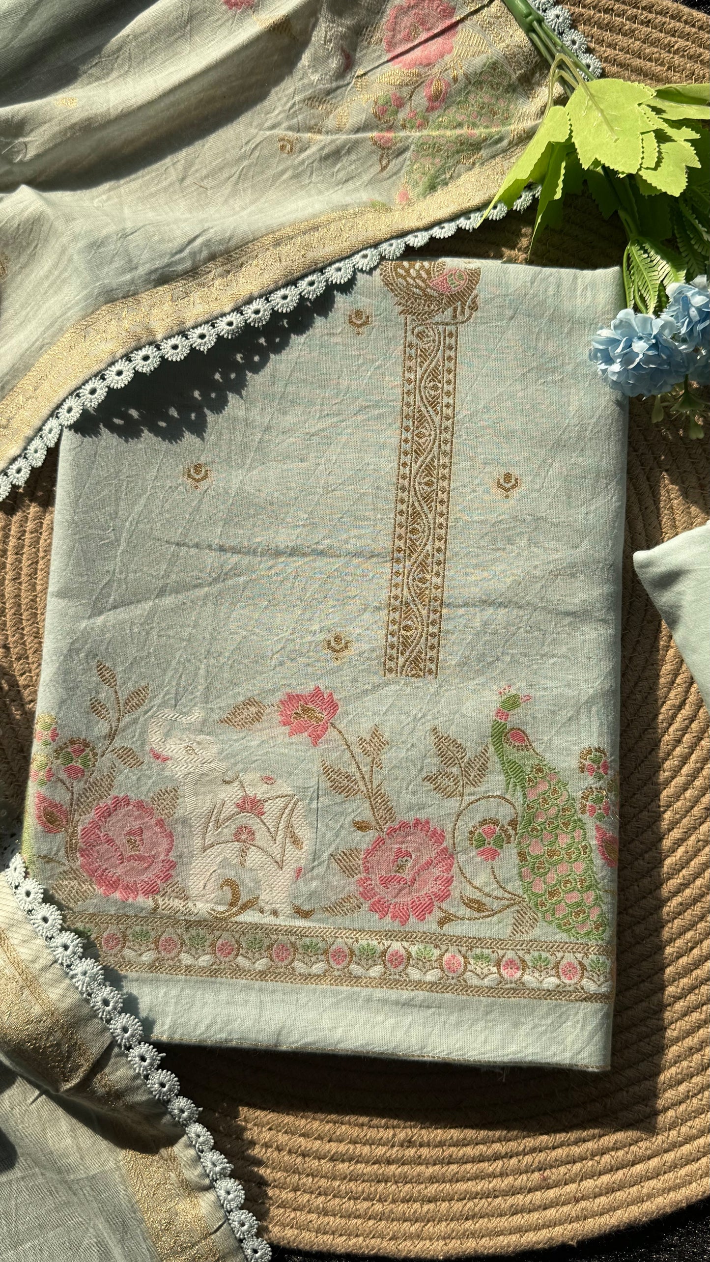 Peony Paisley Sky Blue Pure Cotton Unstitched Suit Set