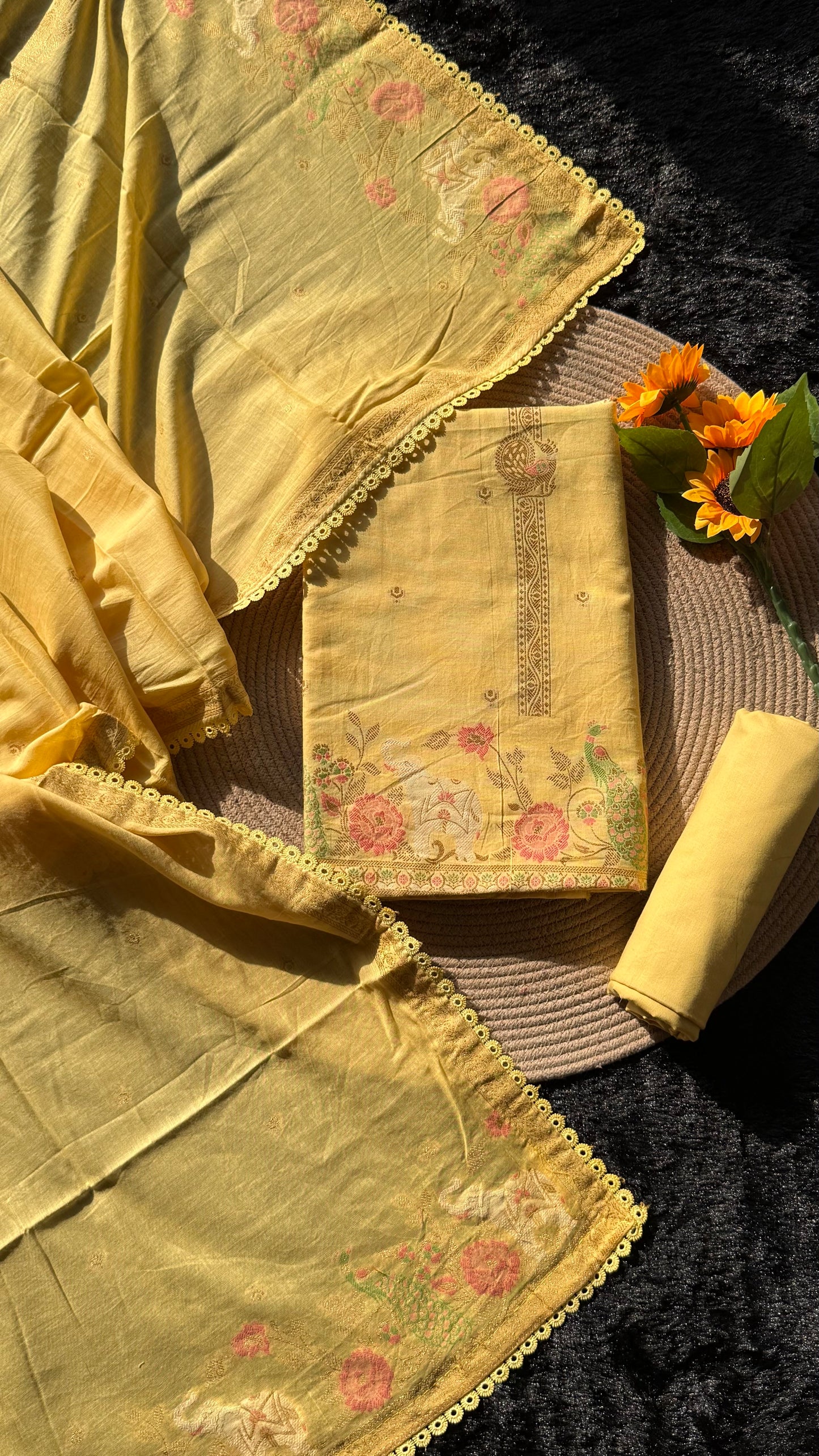 Peony Paisley Yellow Pure Cotton Unstitched Suit Set