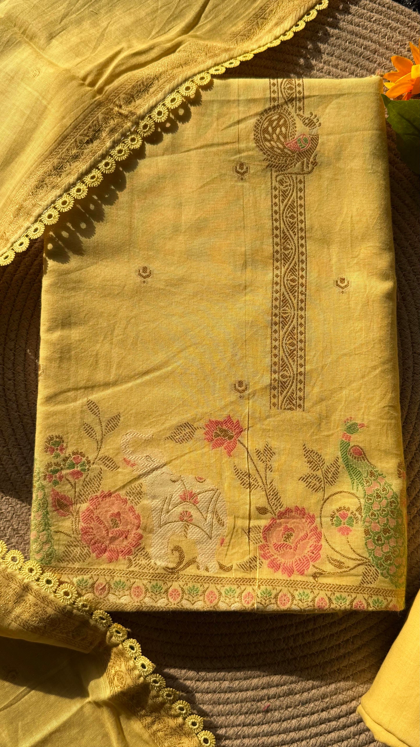 Peony Paisley Yellow Pure Cotton Unstitched Suit Set