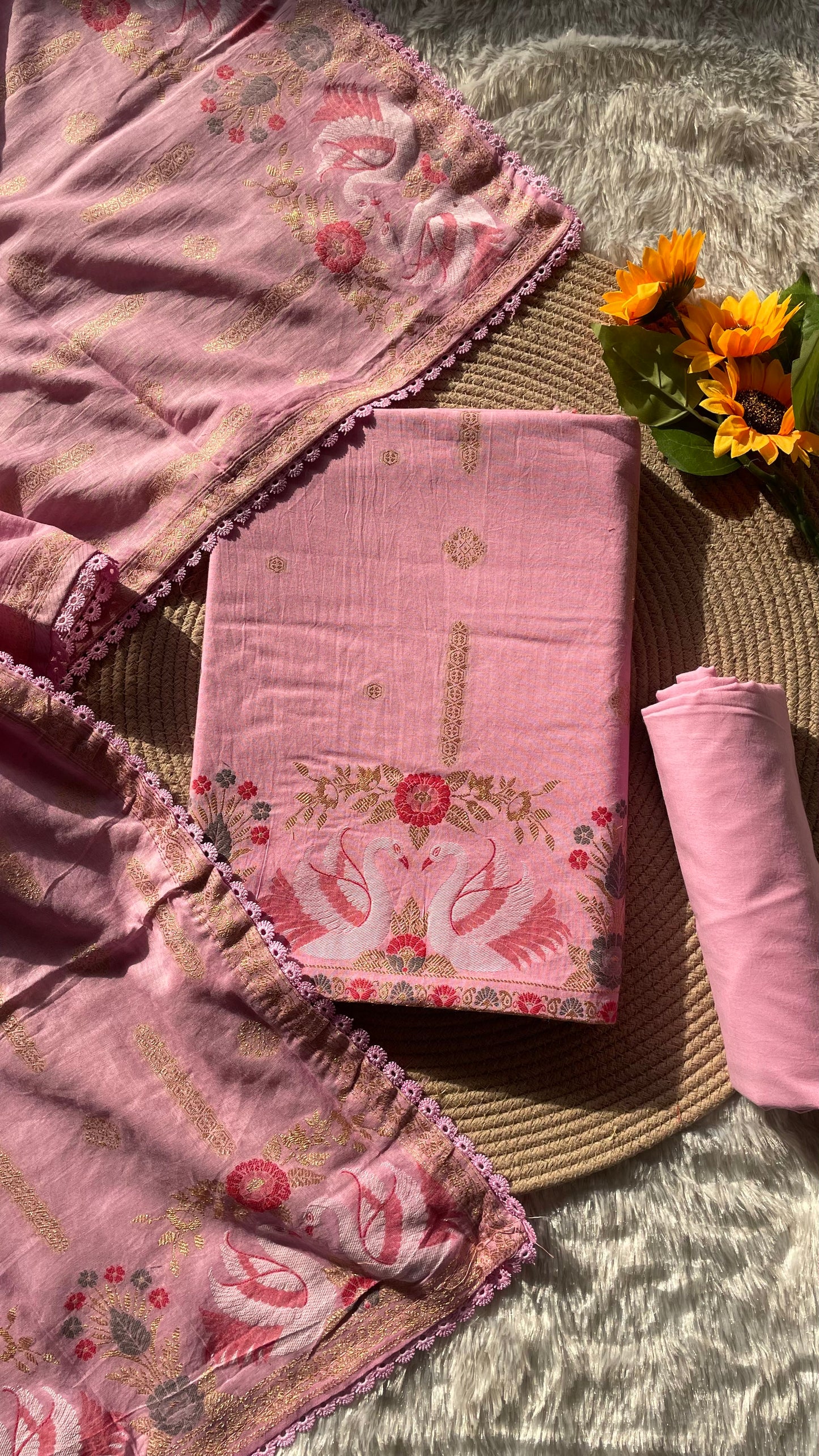 Willow Weave Pink Pure Cotton Unstitched Suit Set