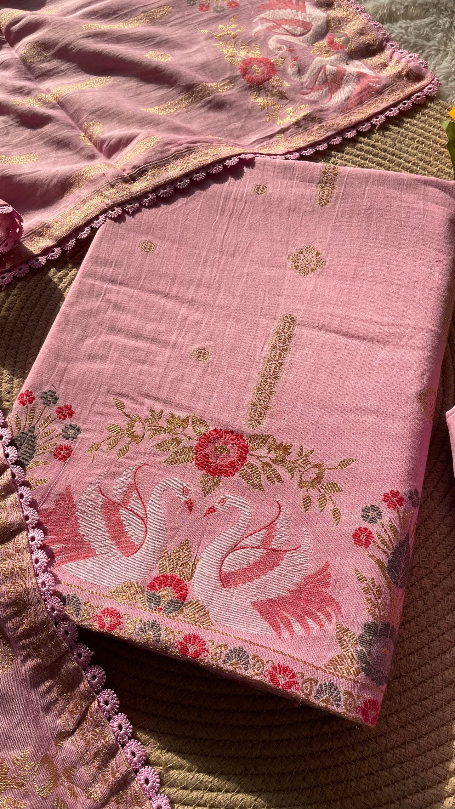 Willow Weave Pink Pure Cotton Unstitched Suit Set
