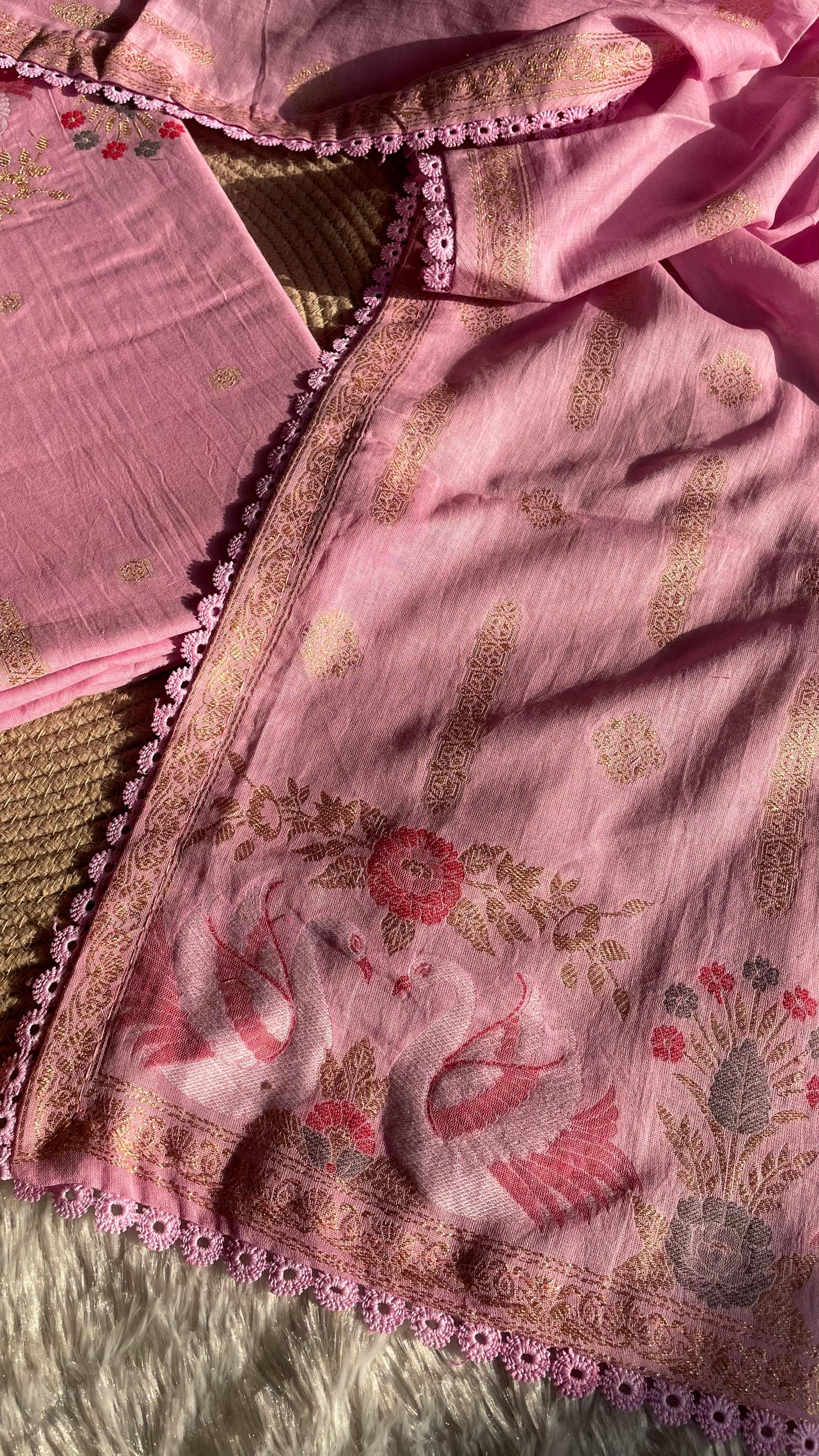 Willow Weave Pink Pure Cotton Unstitched Suit Set