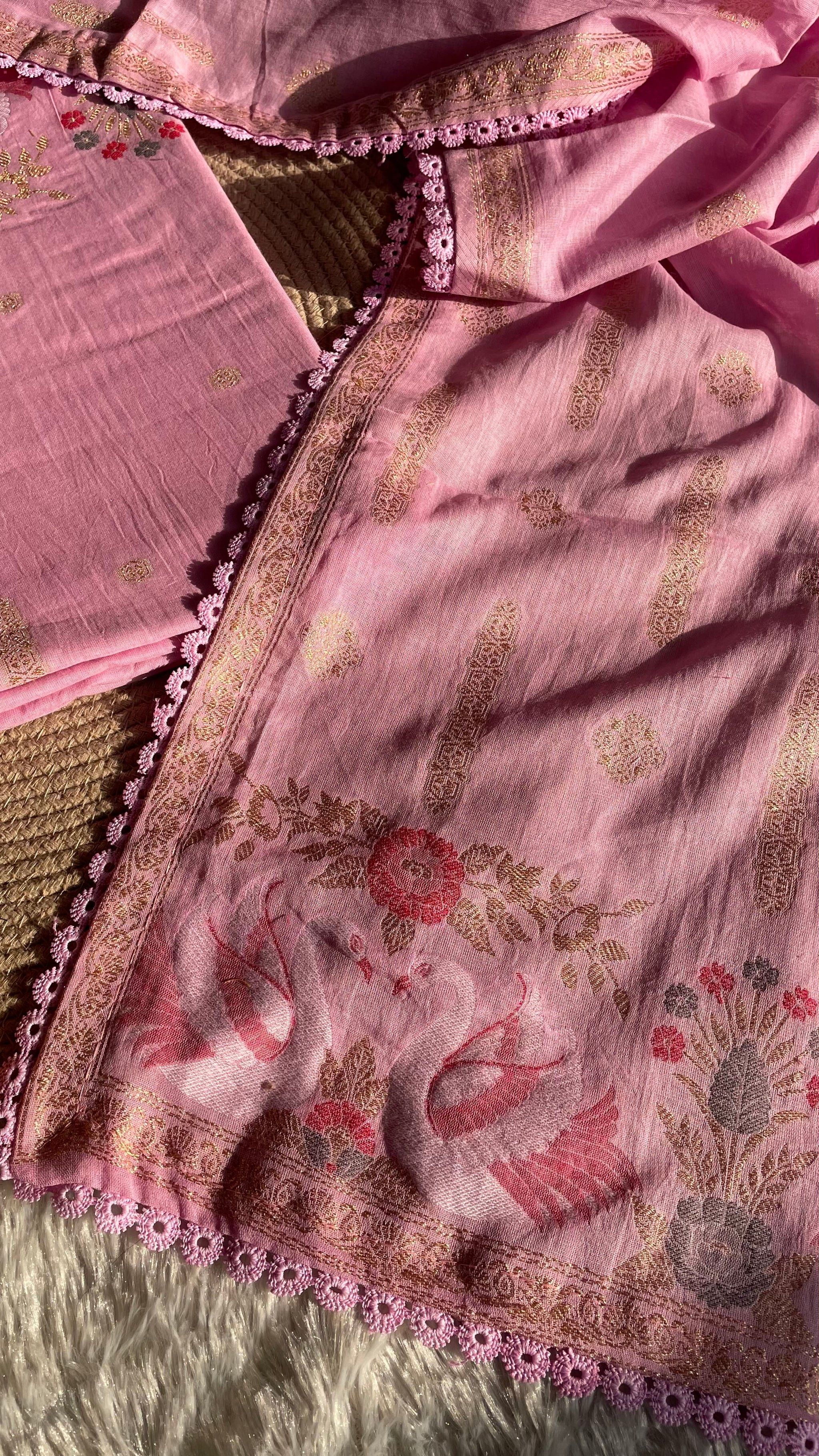 Willow Weave Pink Pure Cotton Unstitched Suit Set
