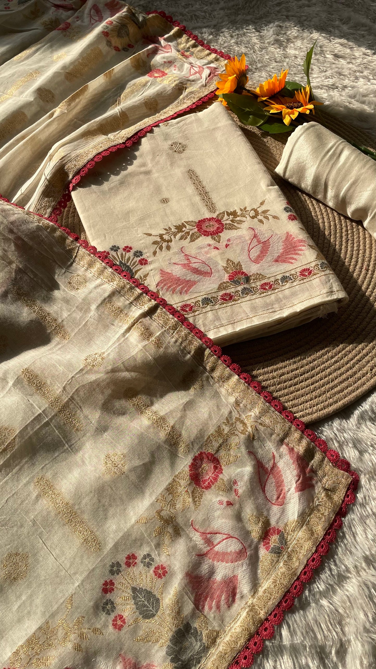 Willow Weave White Pure Cotton Unstitched Suit Set