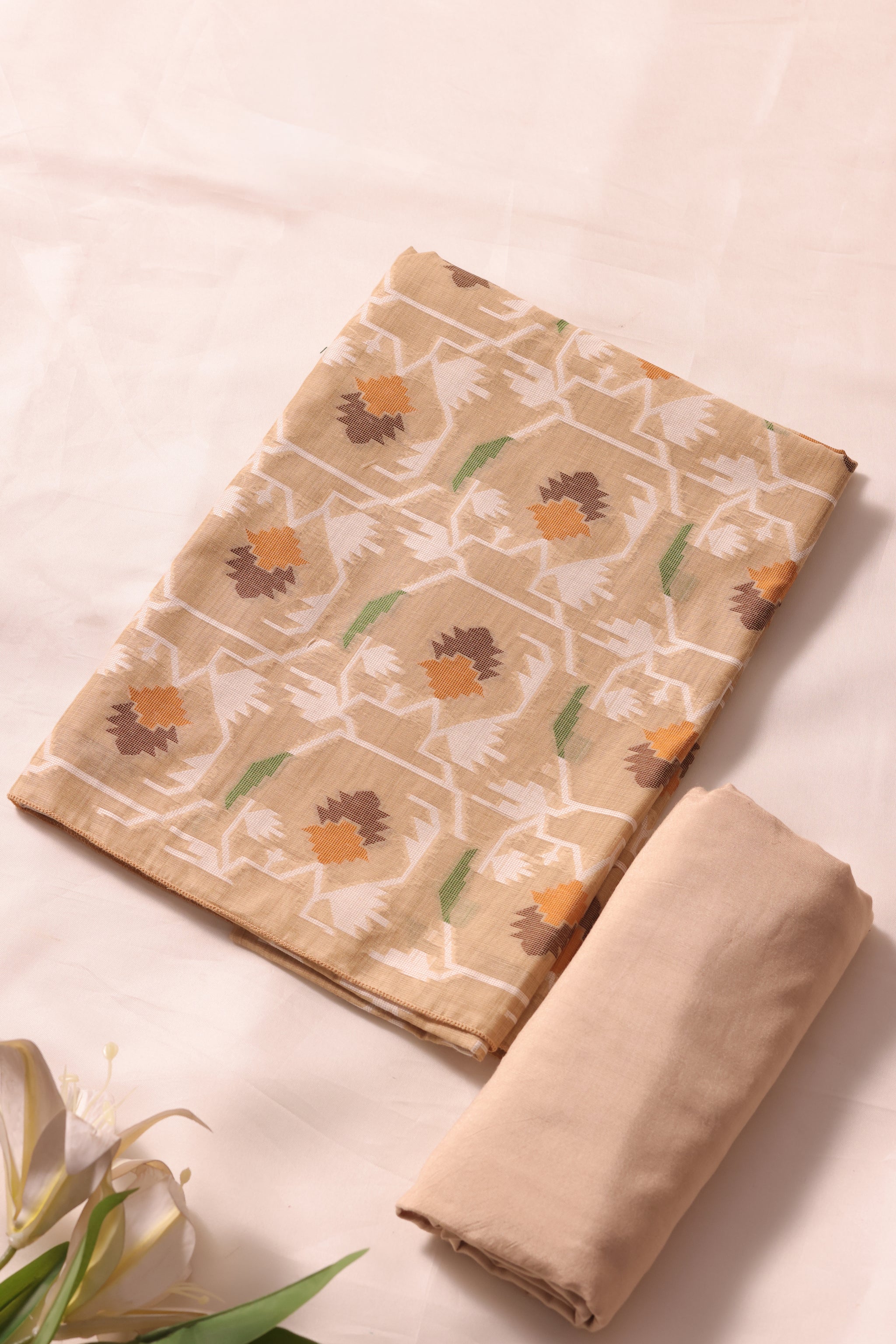 Veloura Beige Muga Cotton Unstitched Suit Set