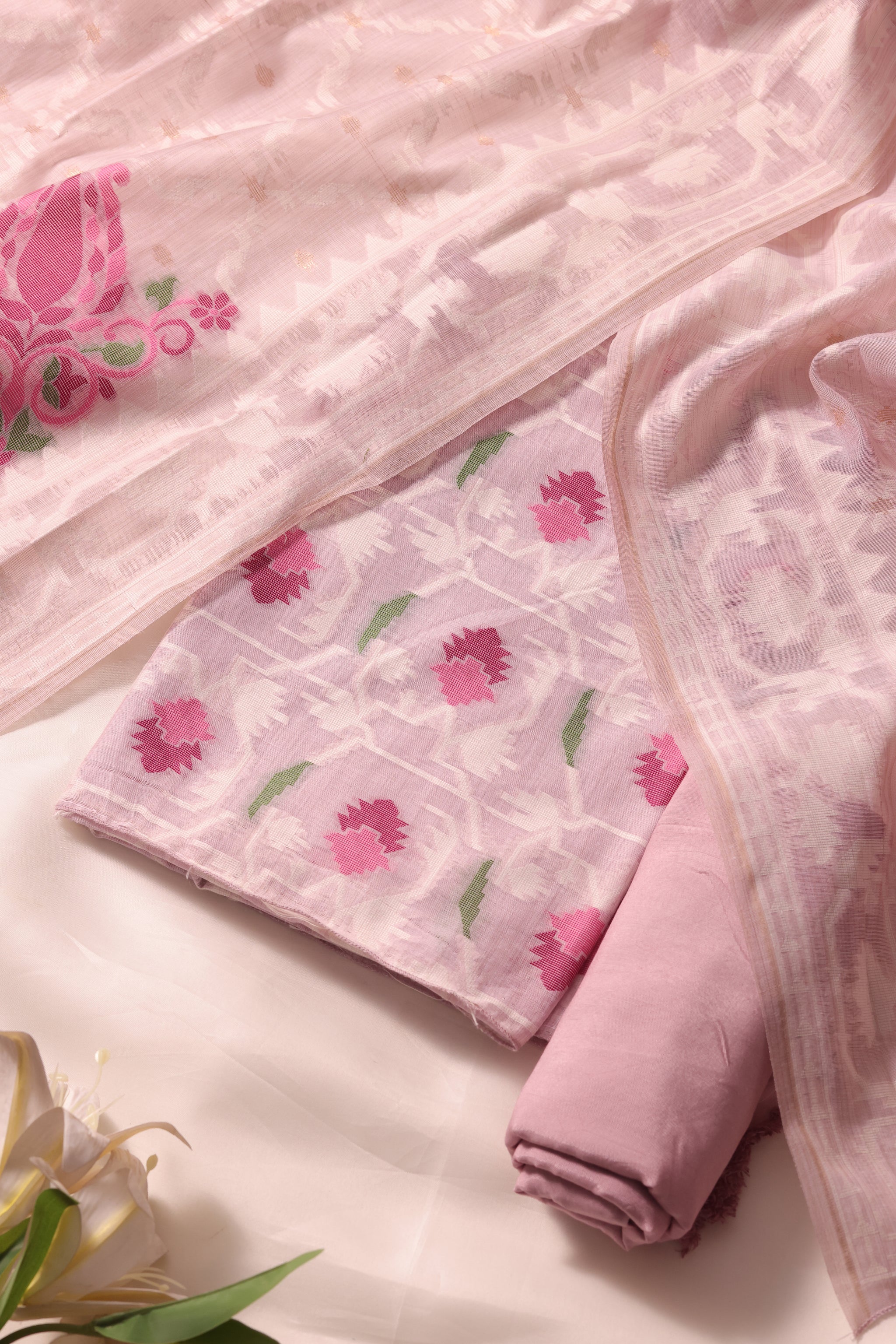 Veloura Lavender Muga Cotton Unstitched Suit Set