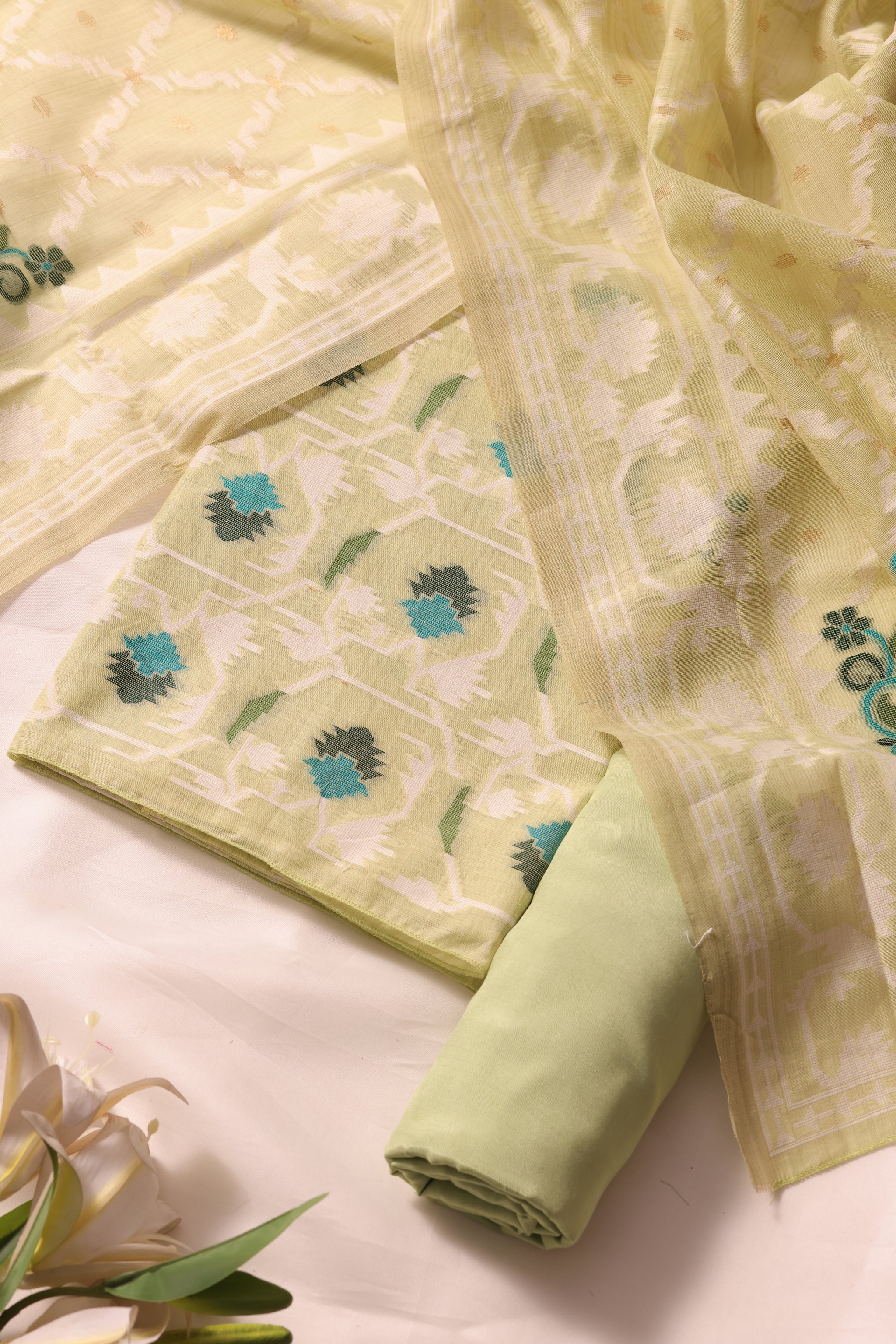 Veloura Pista Green Muga Cotton Unstitched Suit Set