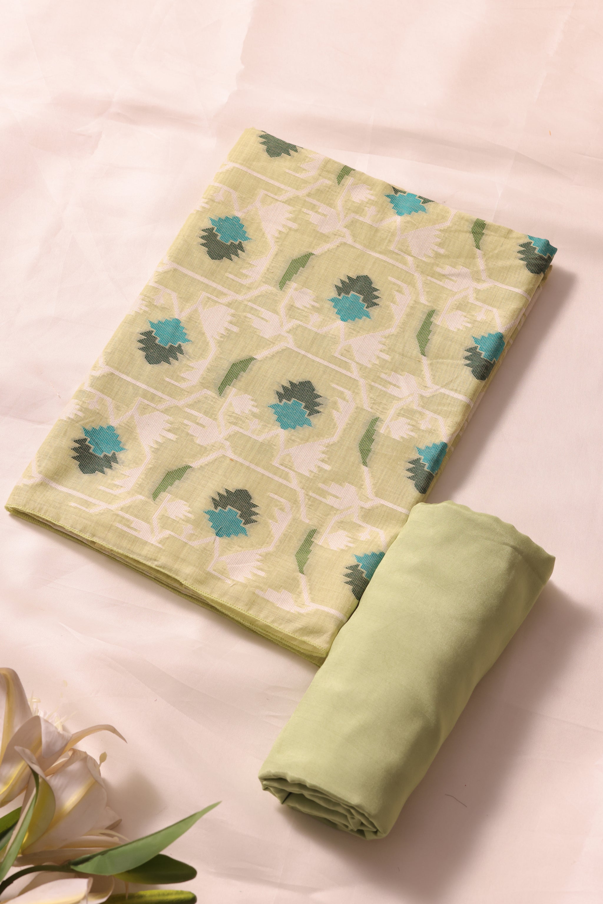 Veloura Pista Green Muga Cotton Unstitched Suit Set