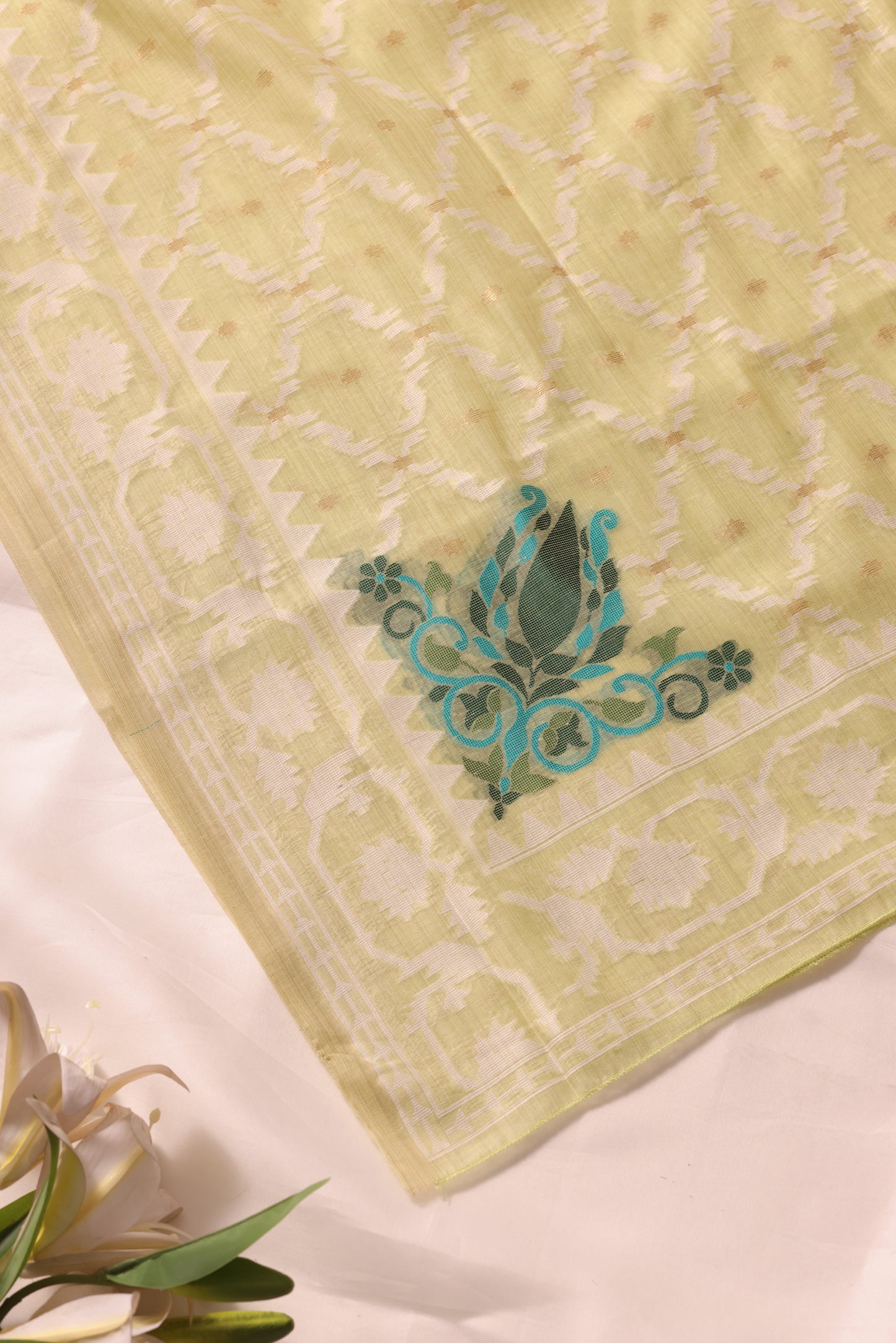 Veloura Pista Green Muga Cotton Unstitched Suit Set