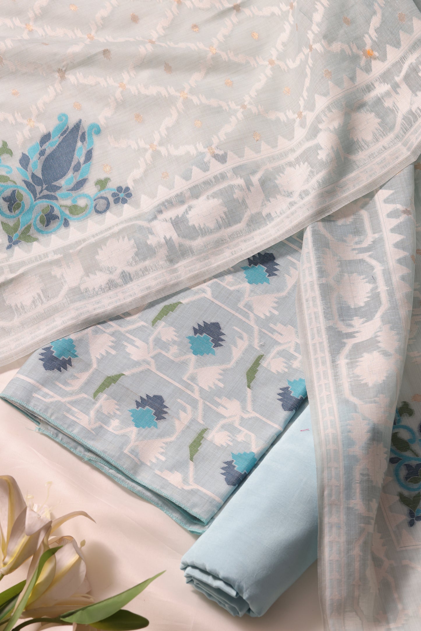 Veloura Sky Blue Muga Cotton Unstitched Suit Set