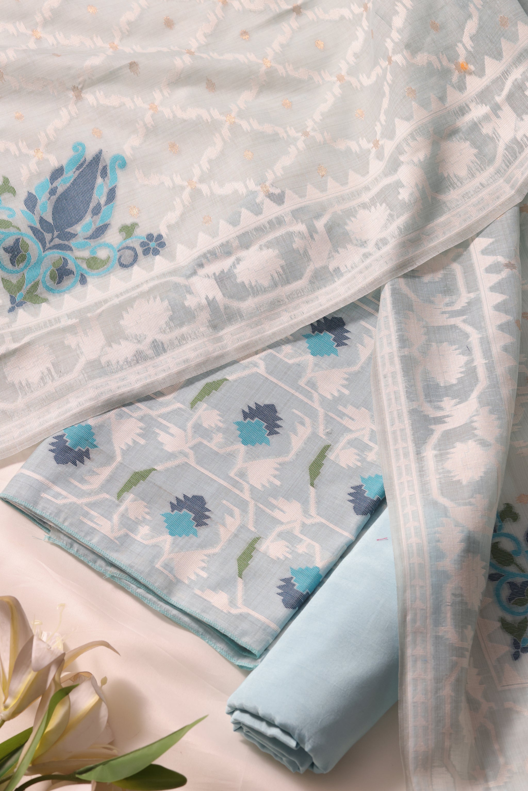 Veloura Sky Blue Muga Cotton Unstitched Suit Set