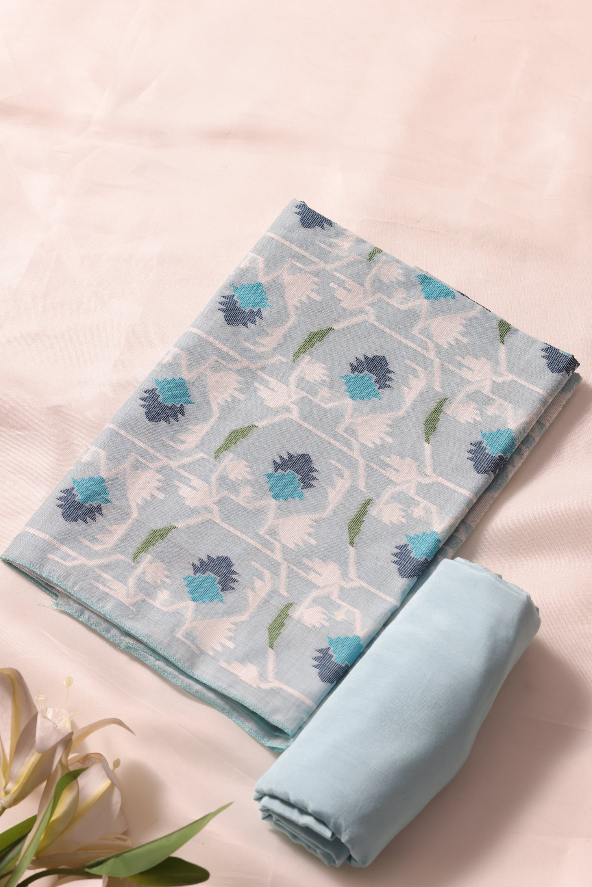 Veloura Sky Blue Muga Cotton Unstitched Suit Set