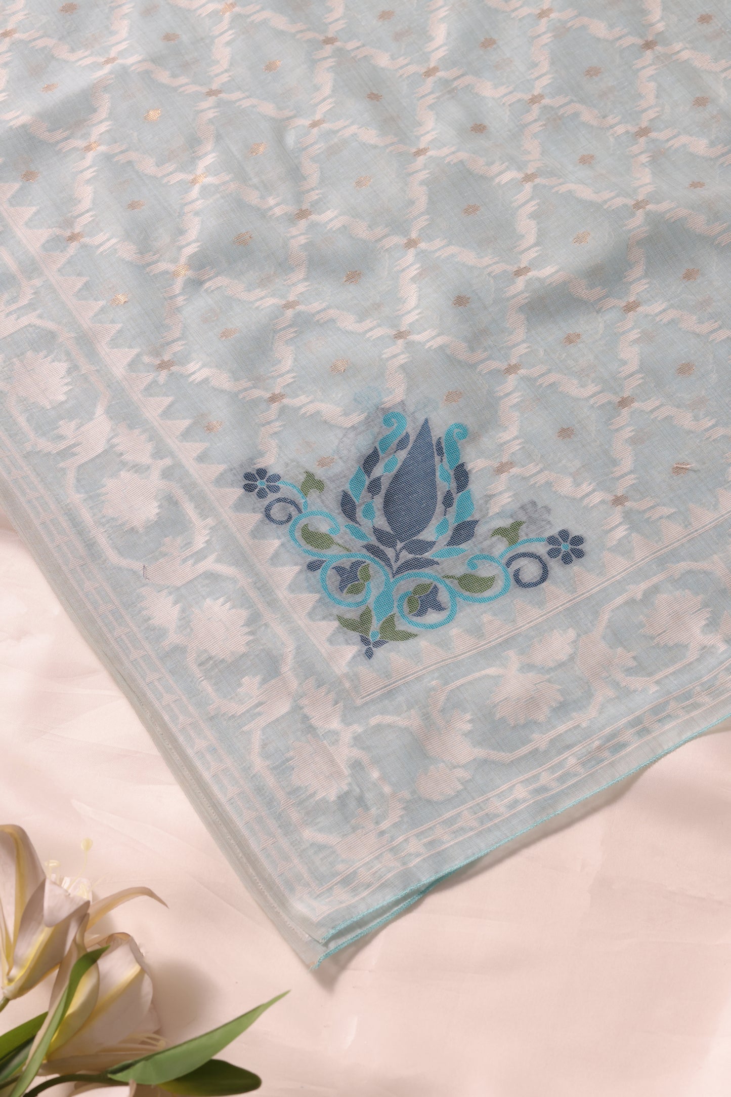 Veloura Sky Blue Muga Cotton Unstitched Suit Set