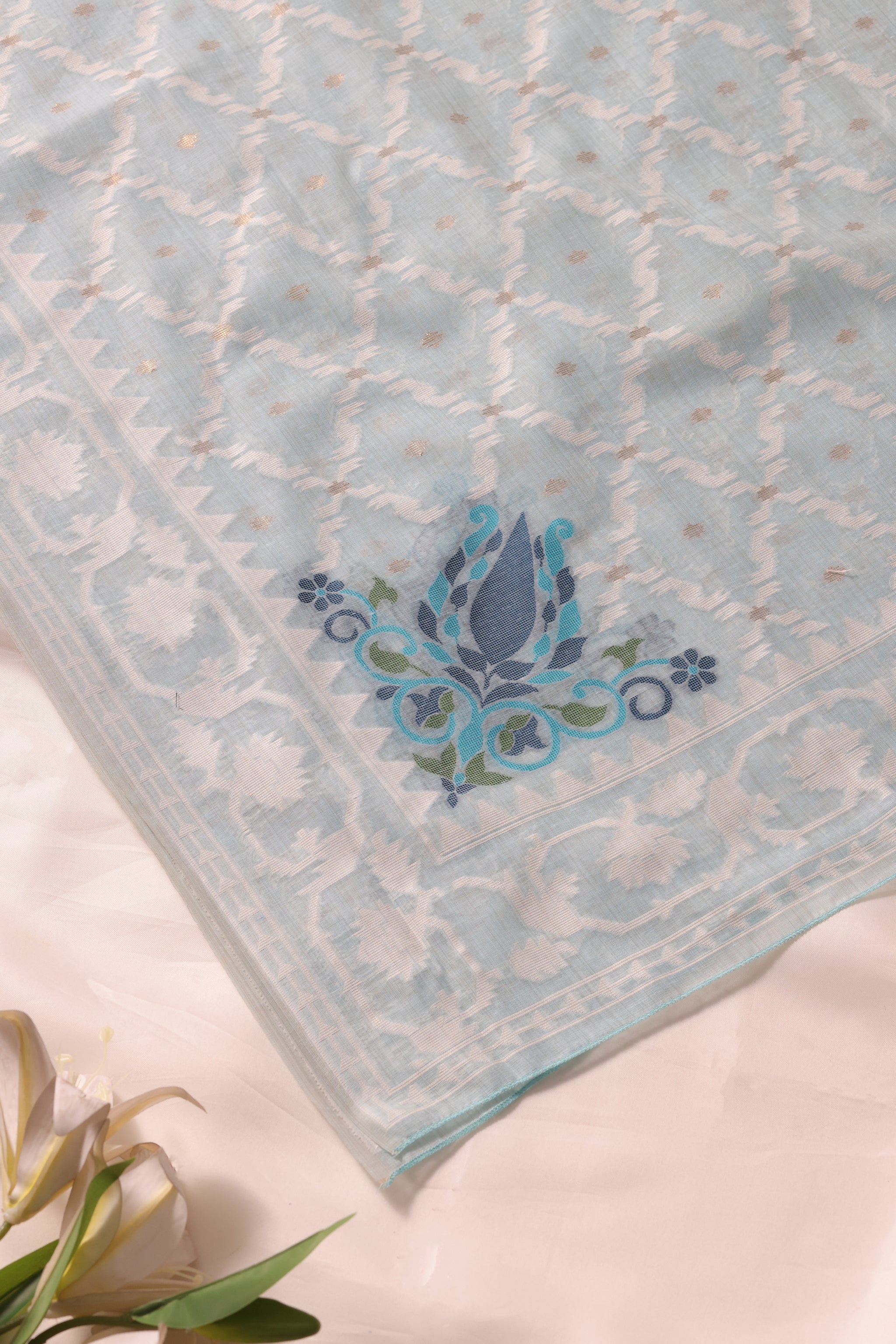 Veloura Sky Blue Muga Cotton Unstitched Suit Set