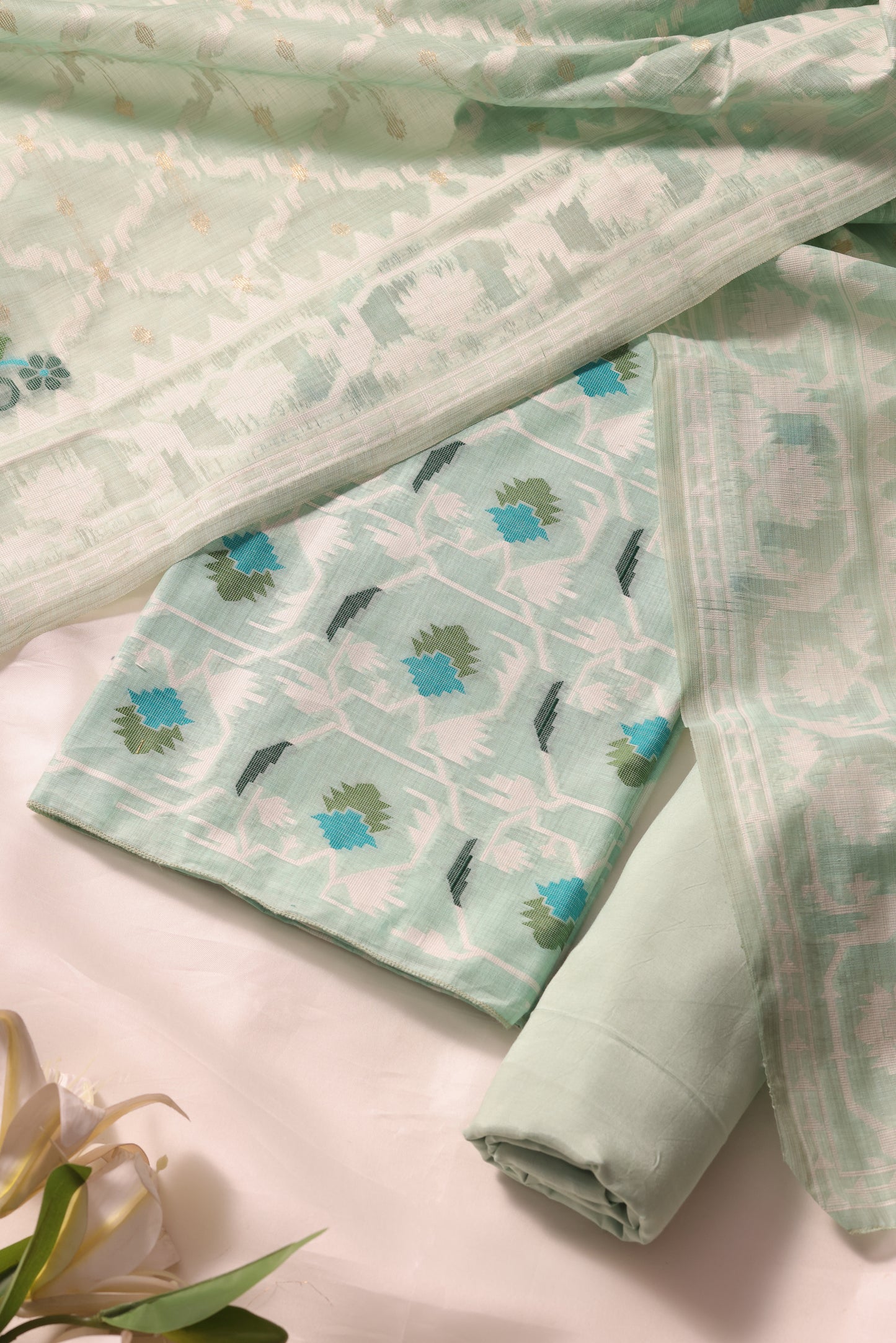 Veloura Sea Green Muga Cotton Unstitched Suit Set