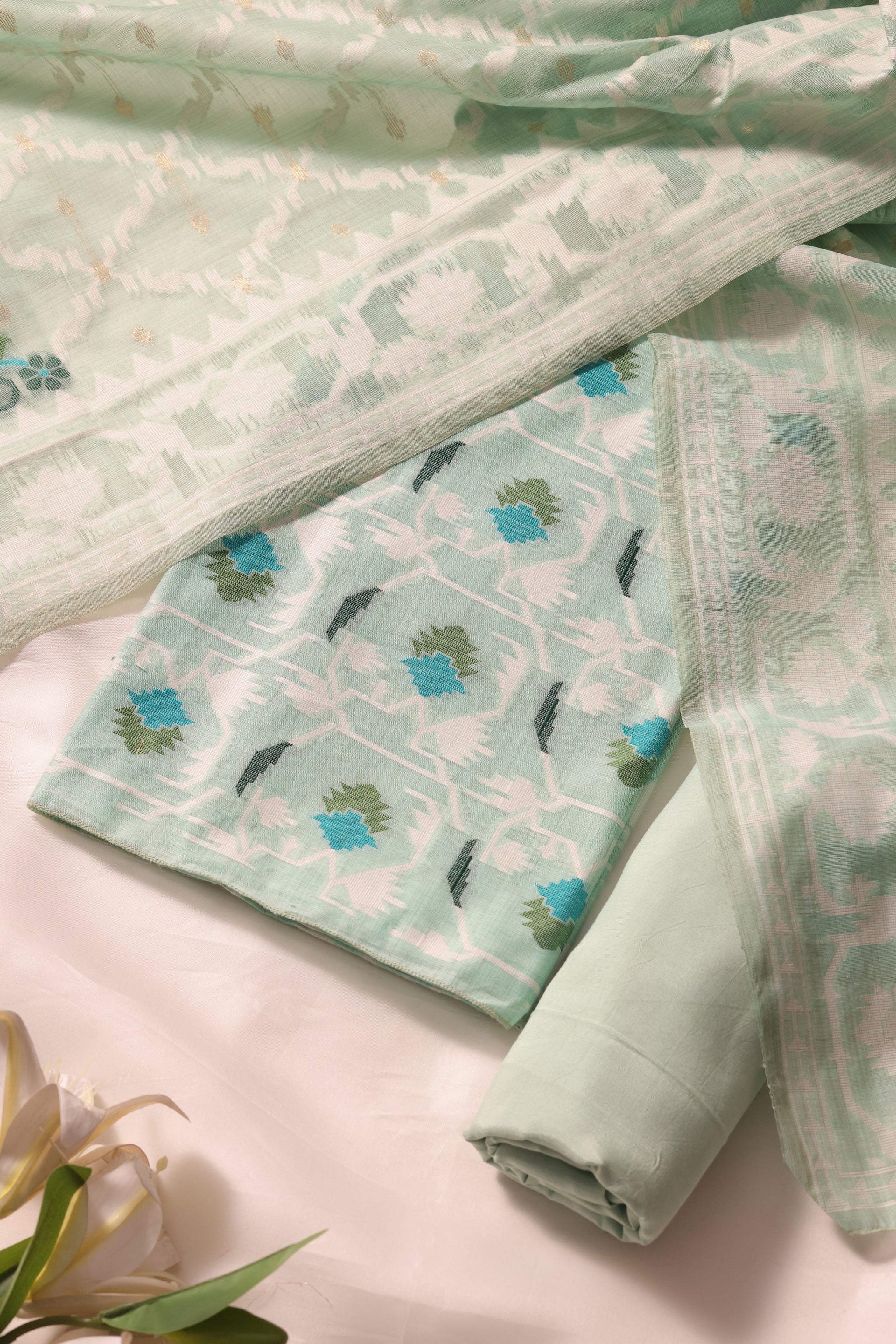 Veloura Sea Green Muga Cotton Unstitched Suit Set