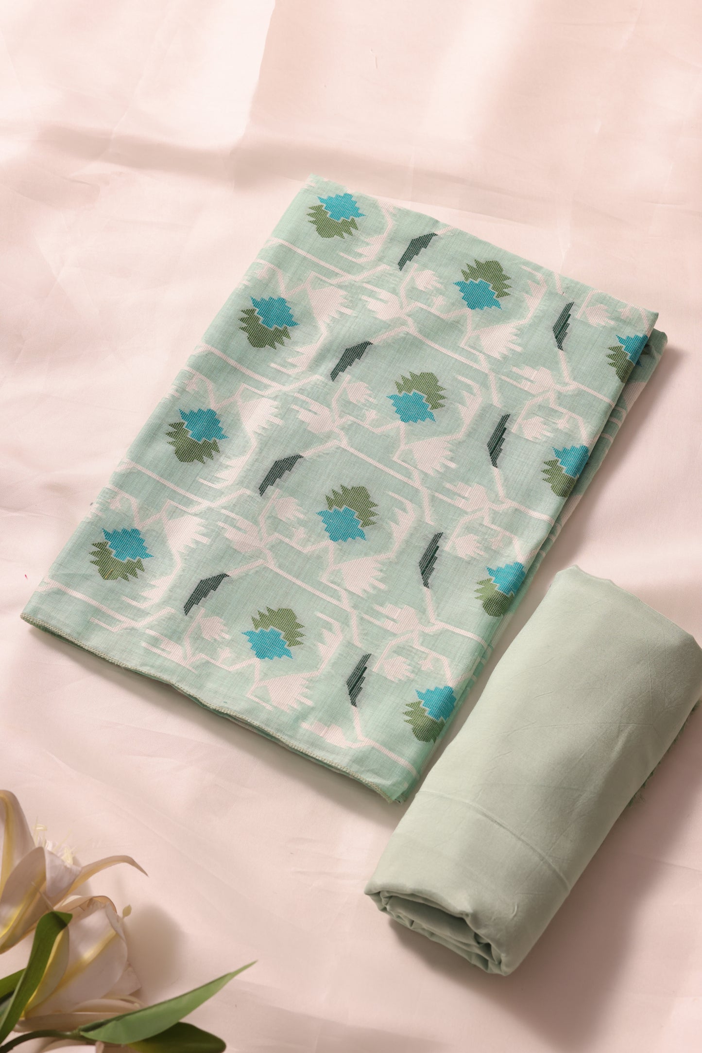 Veloura Sea Green Muga Cotton Unstitched Suit Set
