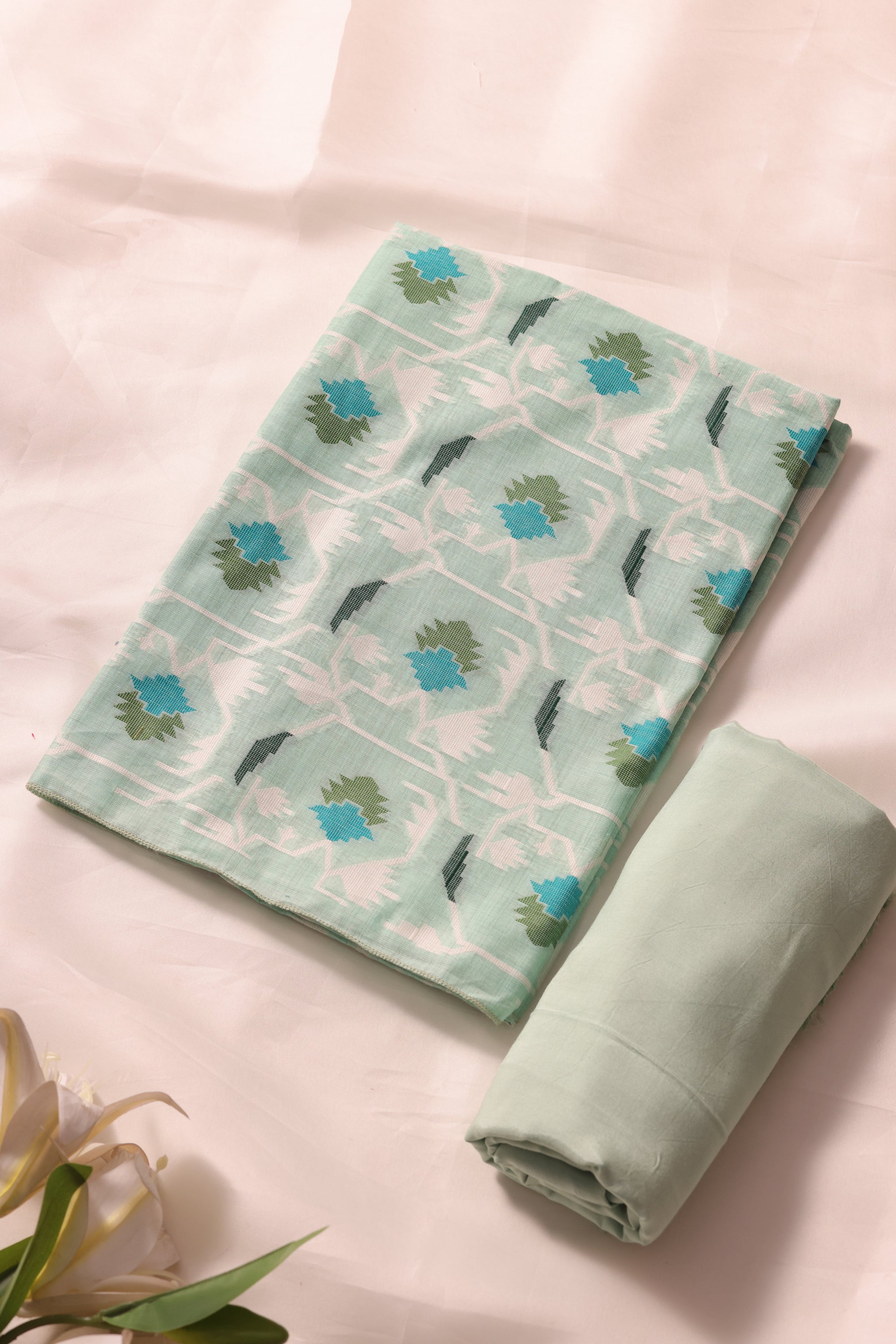 Veloura Sea Green Muga Cotton Unstitched Suit Set