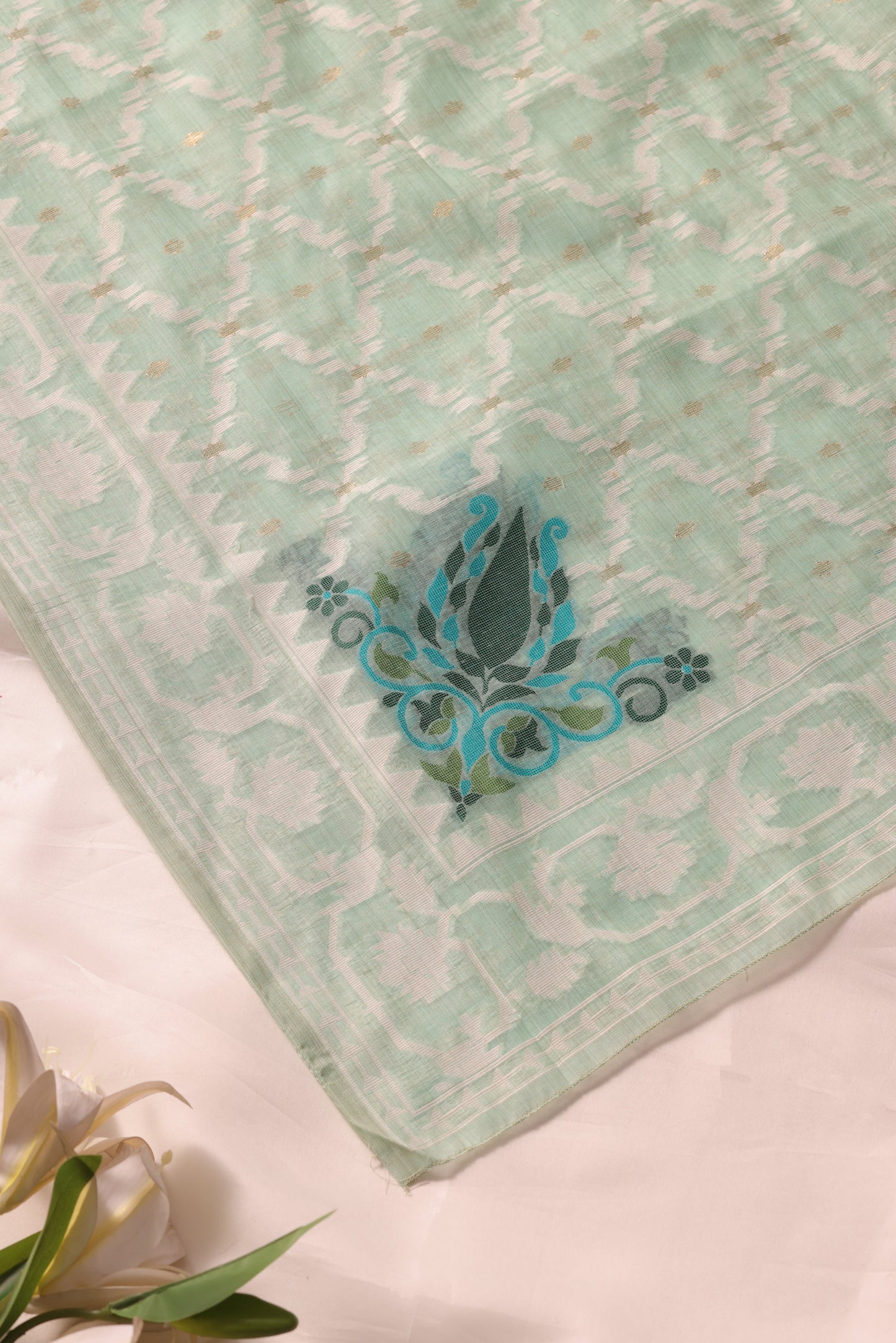 Veloura Sea Green Muga Cotton Unstitched Suit Set
