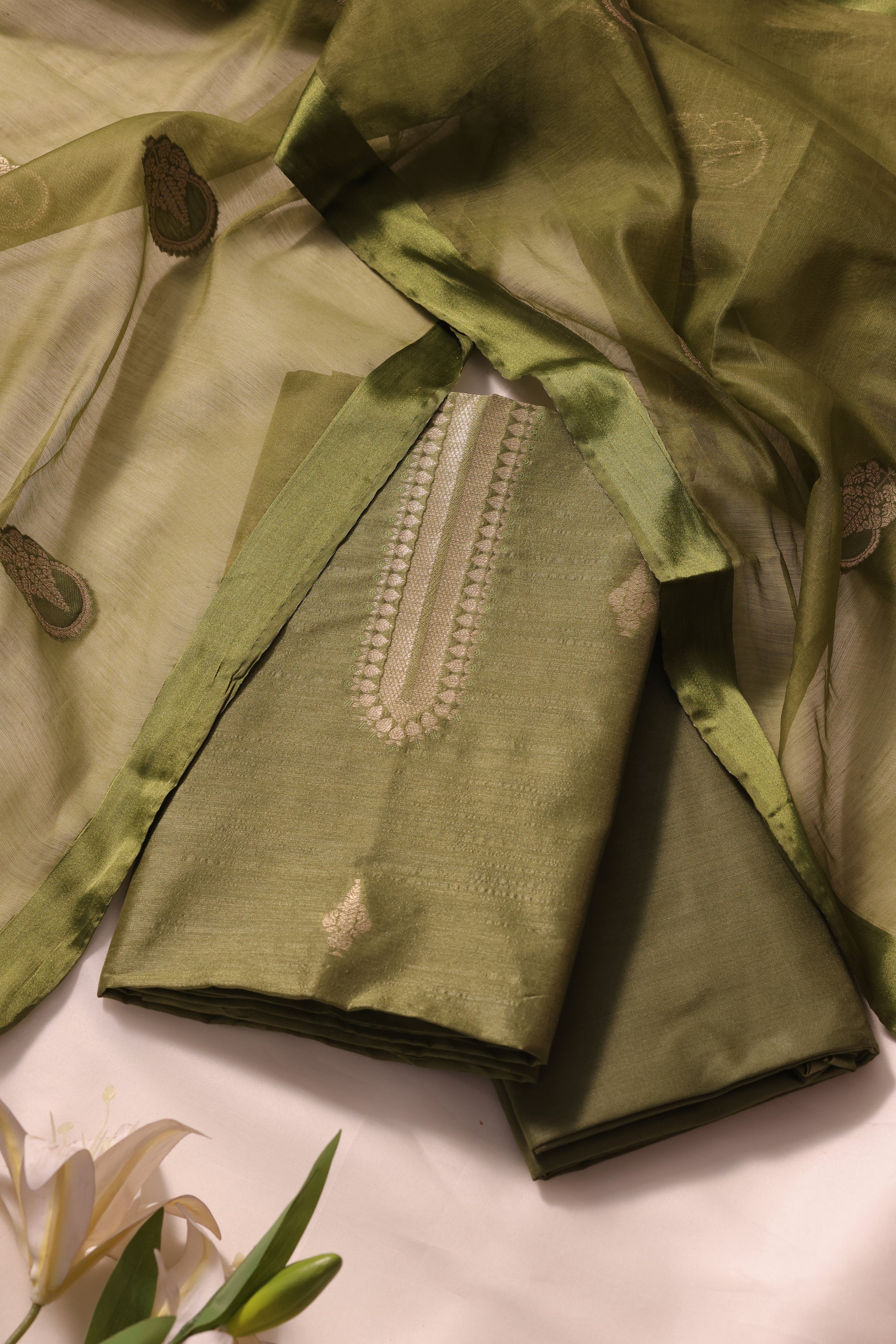 Woven Grace Olive Green Raw Silk Unstitched Suit Set