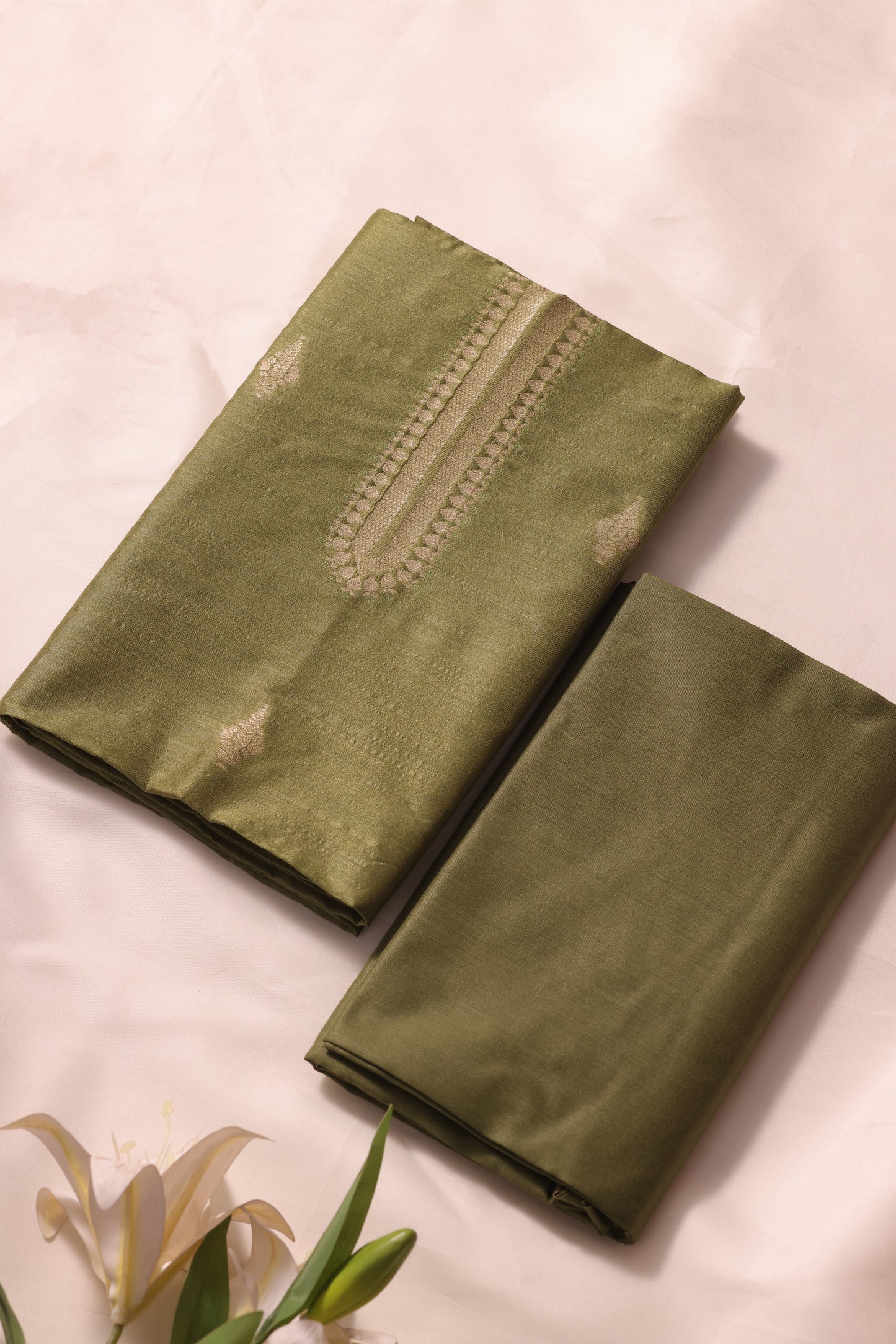Woven Grace Olive Green Raw Silk Unstitched Suit Set