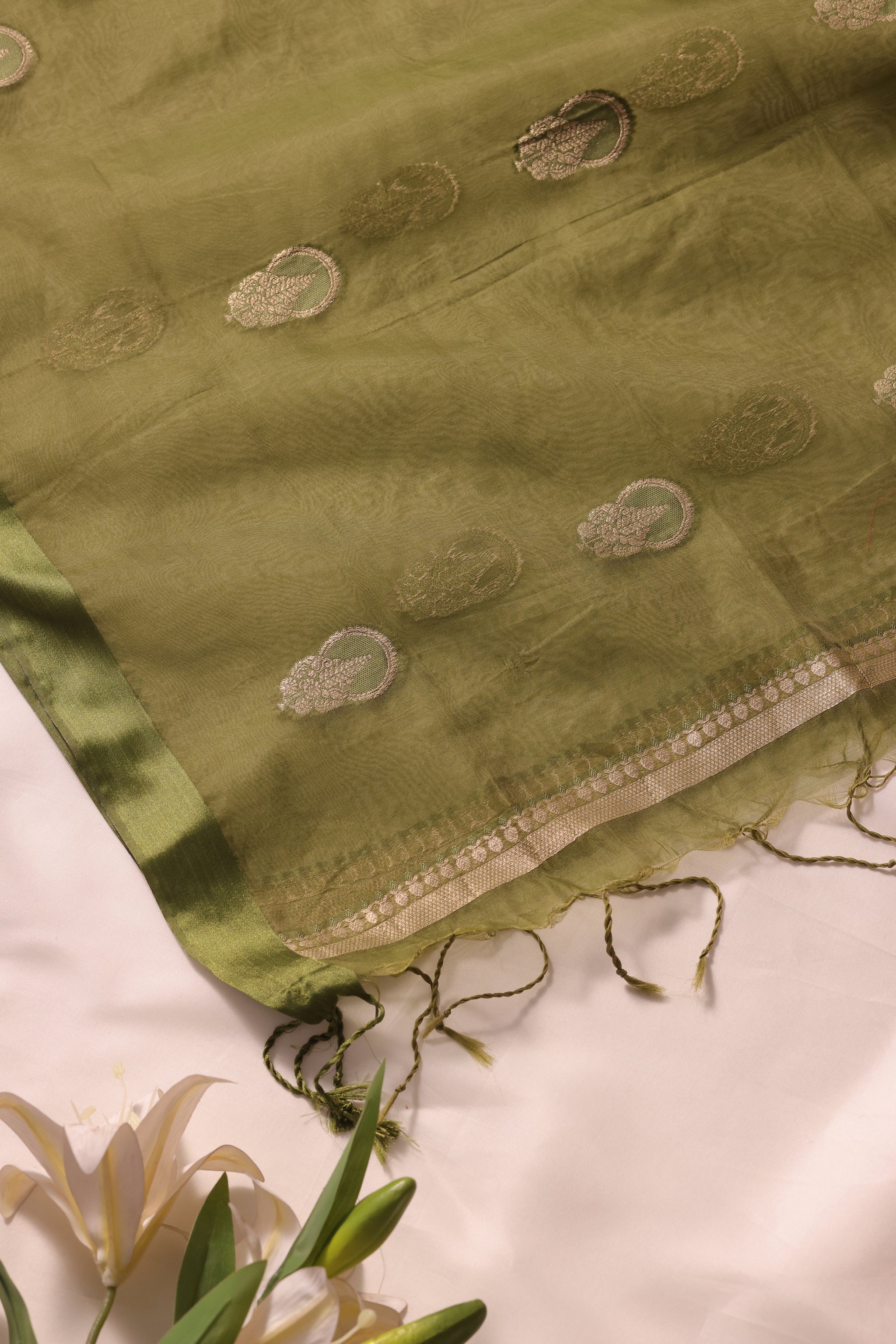 Woven Grace Olive Green Raw Silk Unstitched Suit Set