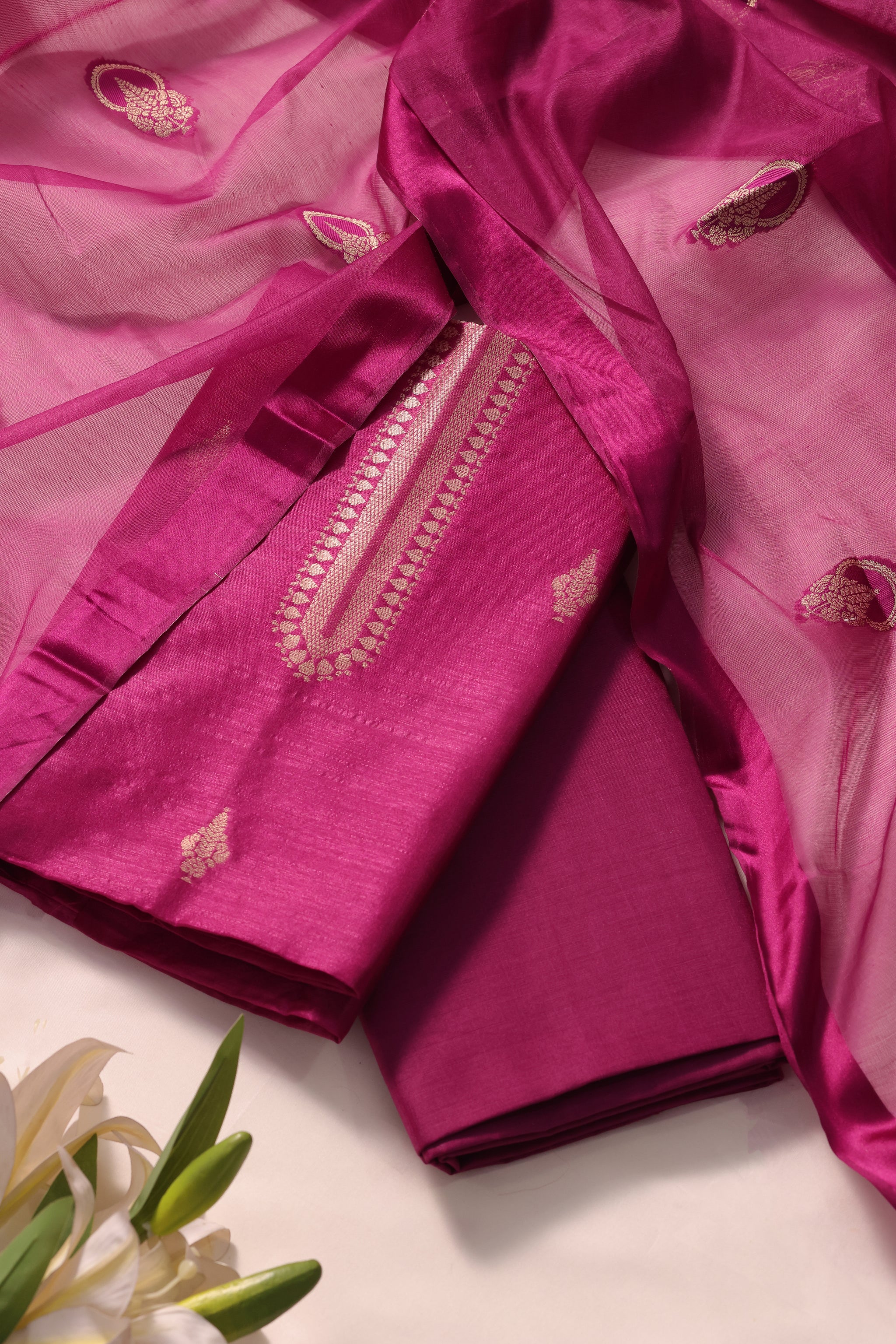 Woven Grace Magenta Pink Raw Silk Unstitched Suit Set