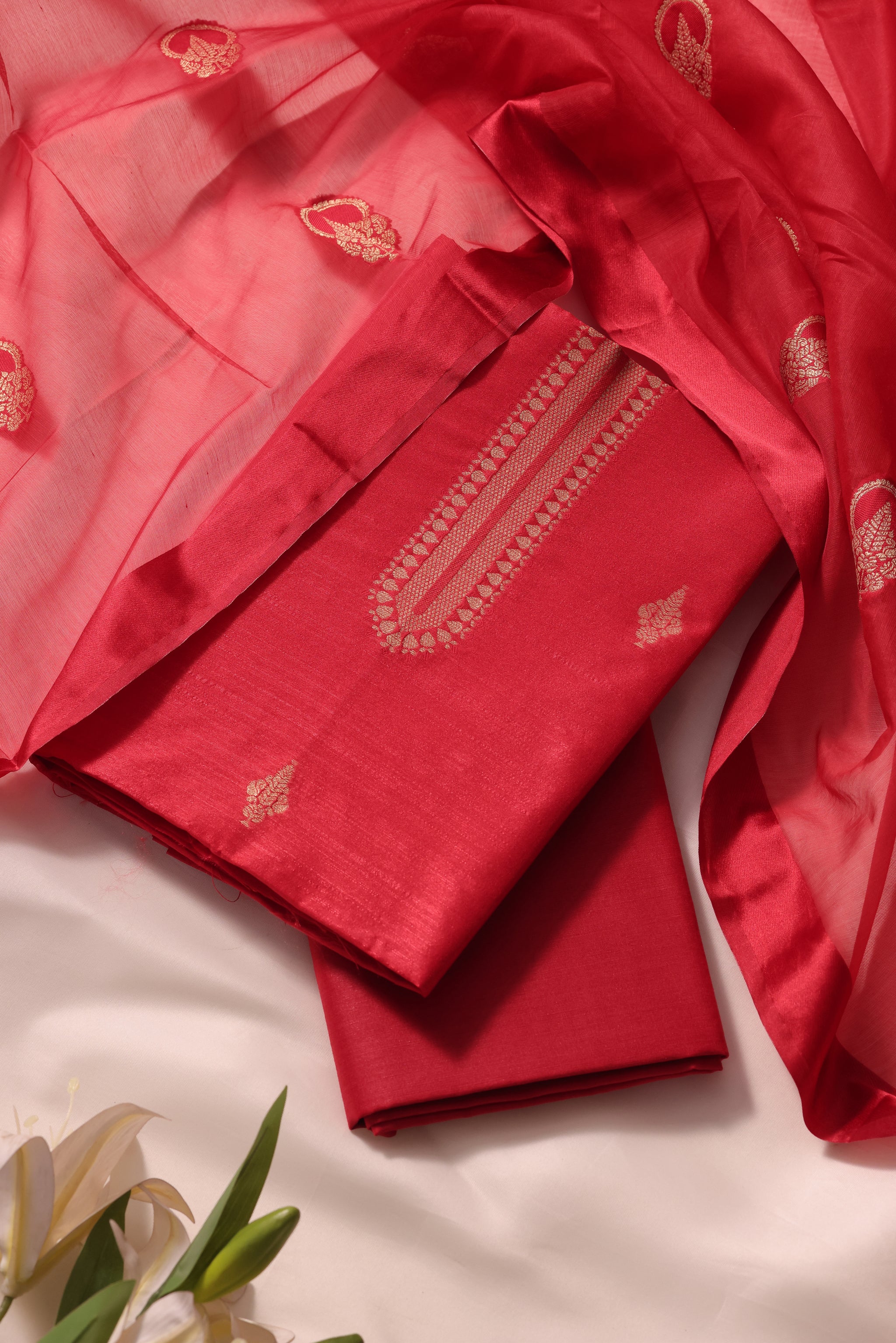 Woven Grace Red Raw Silk Unstitched Suit Set