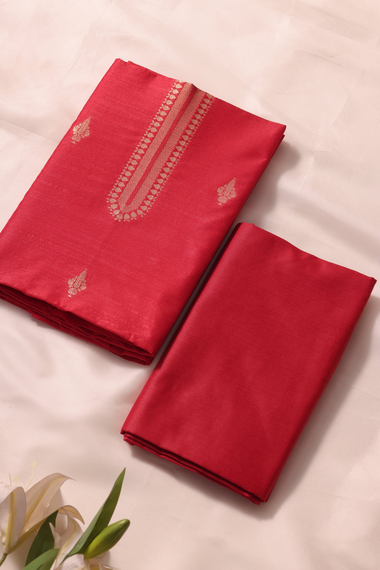 Woven Grace Red Raw Silk Unstitched Suit Set