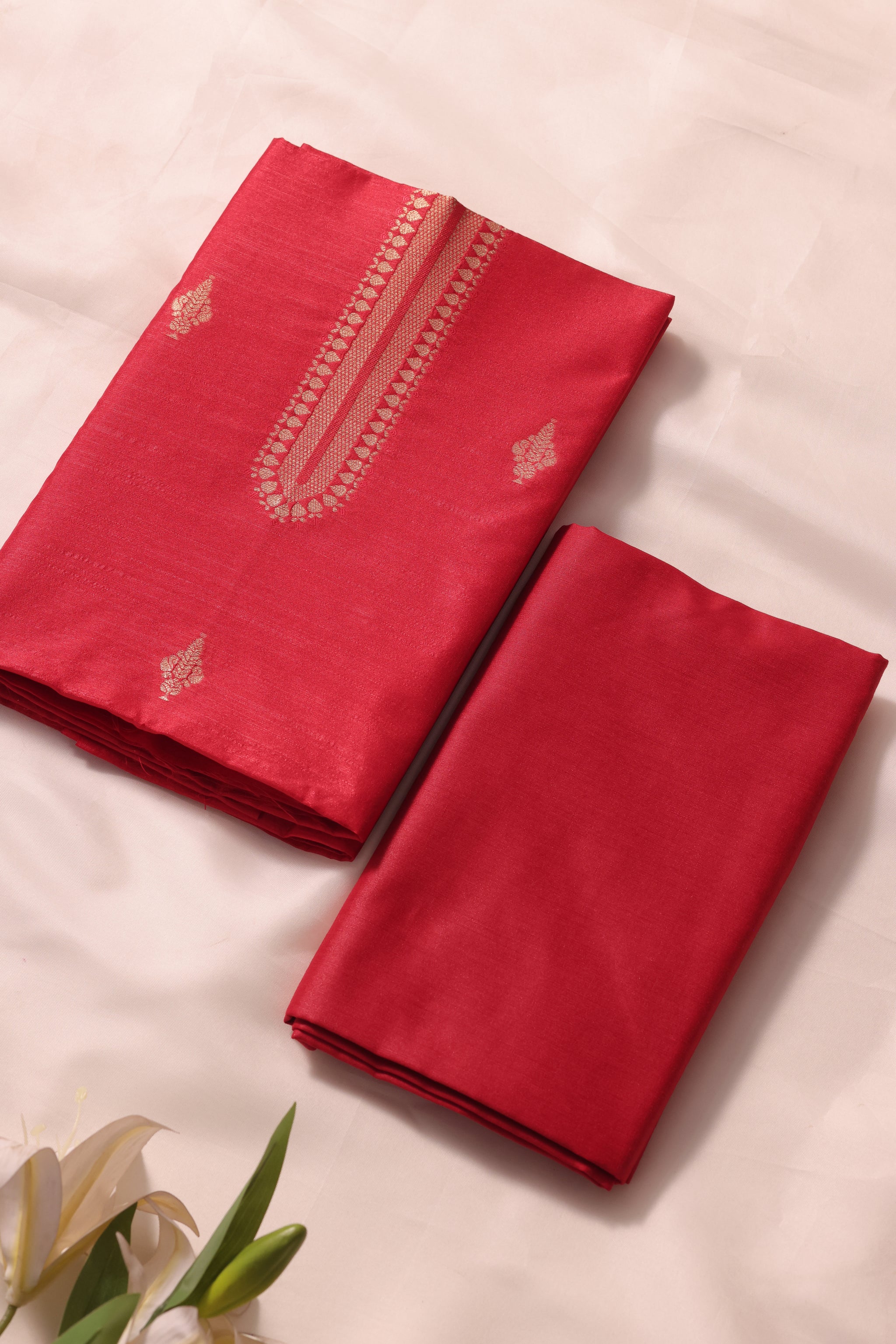 Woven Grace Red Raw Silk Unstitched Suit Set