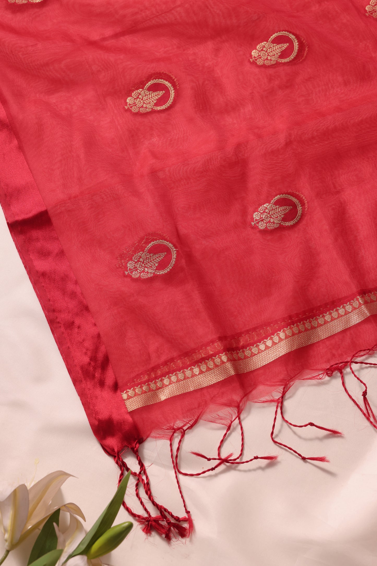 Woven Grace Red Raw Silk Unstitched Suit Set