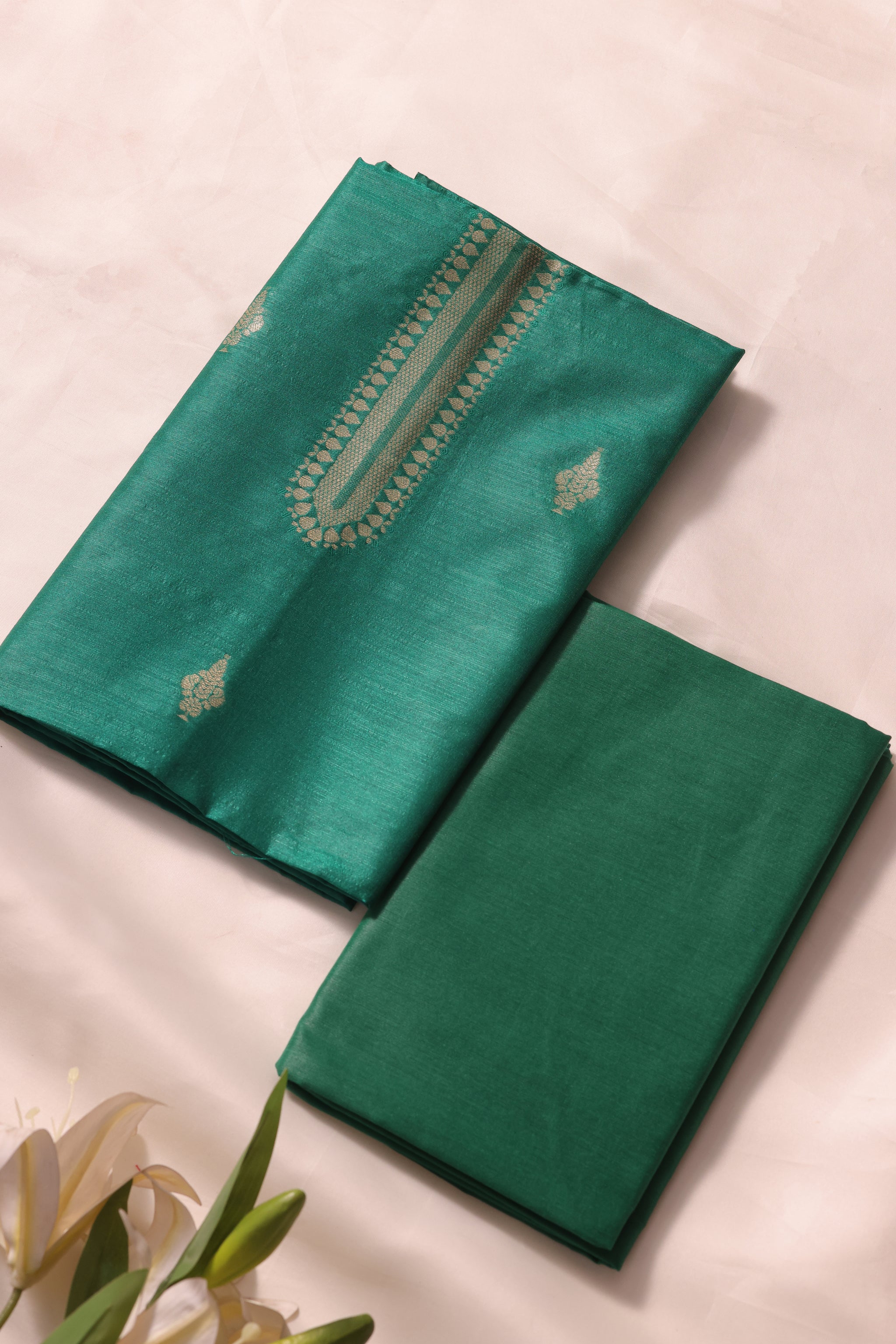 Woven Grace Teal Raw Silk Unstitched Suit Set