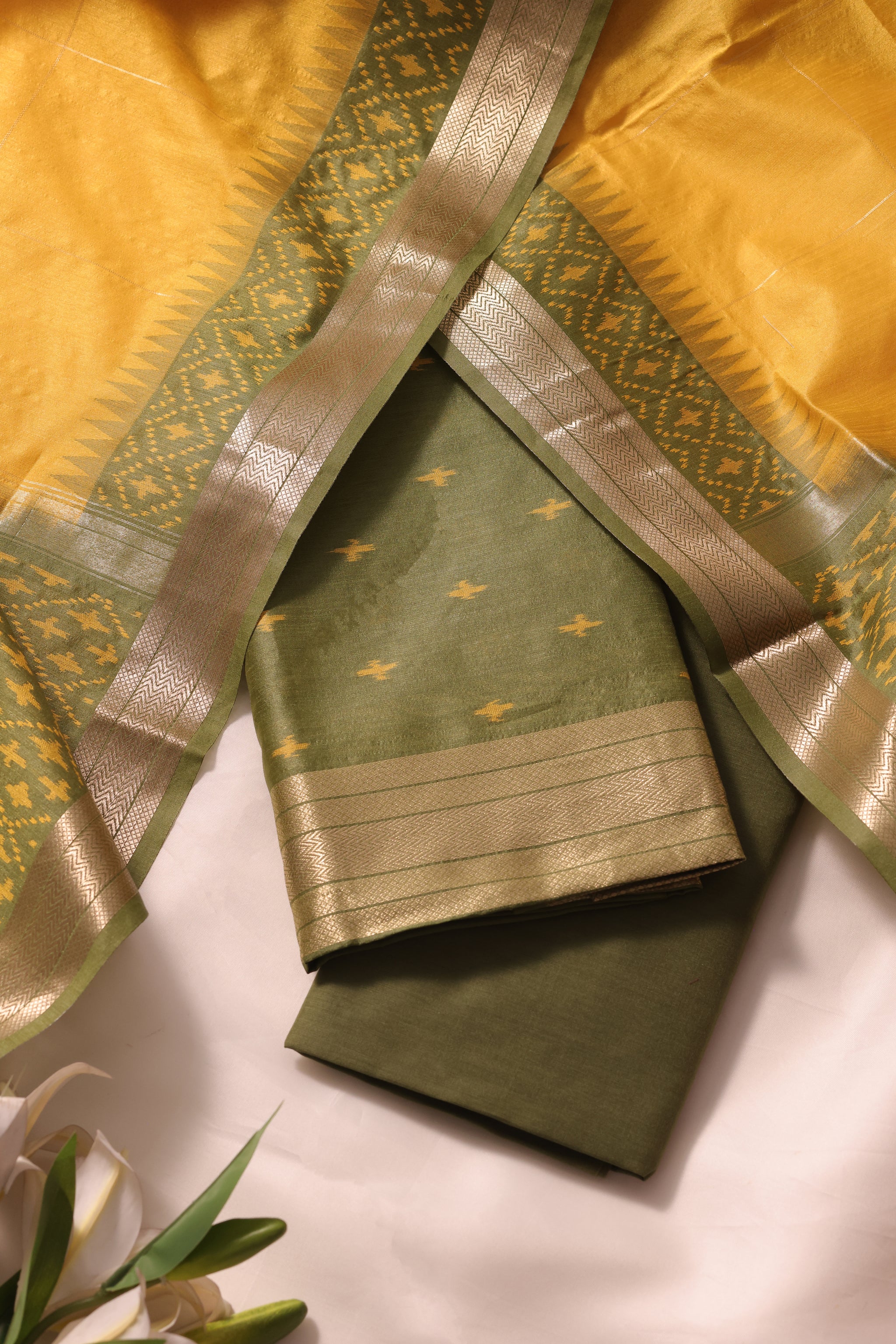 Drapia Olive Green Raw Silk Unstitched Suit Set