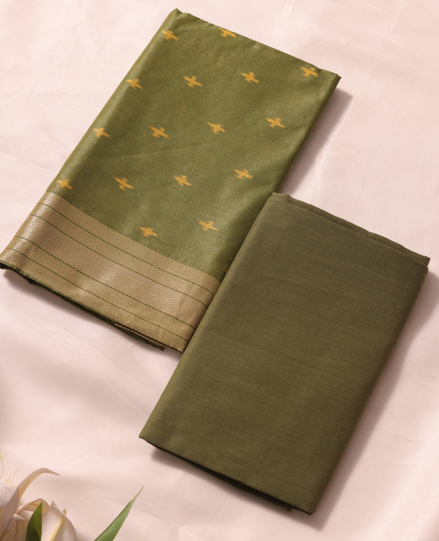 Drapia Olive Green Raw Silk Unstitched Suit Set