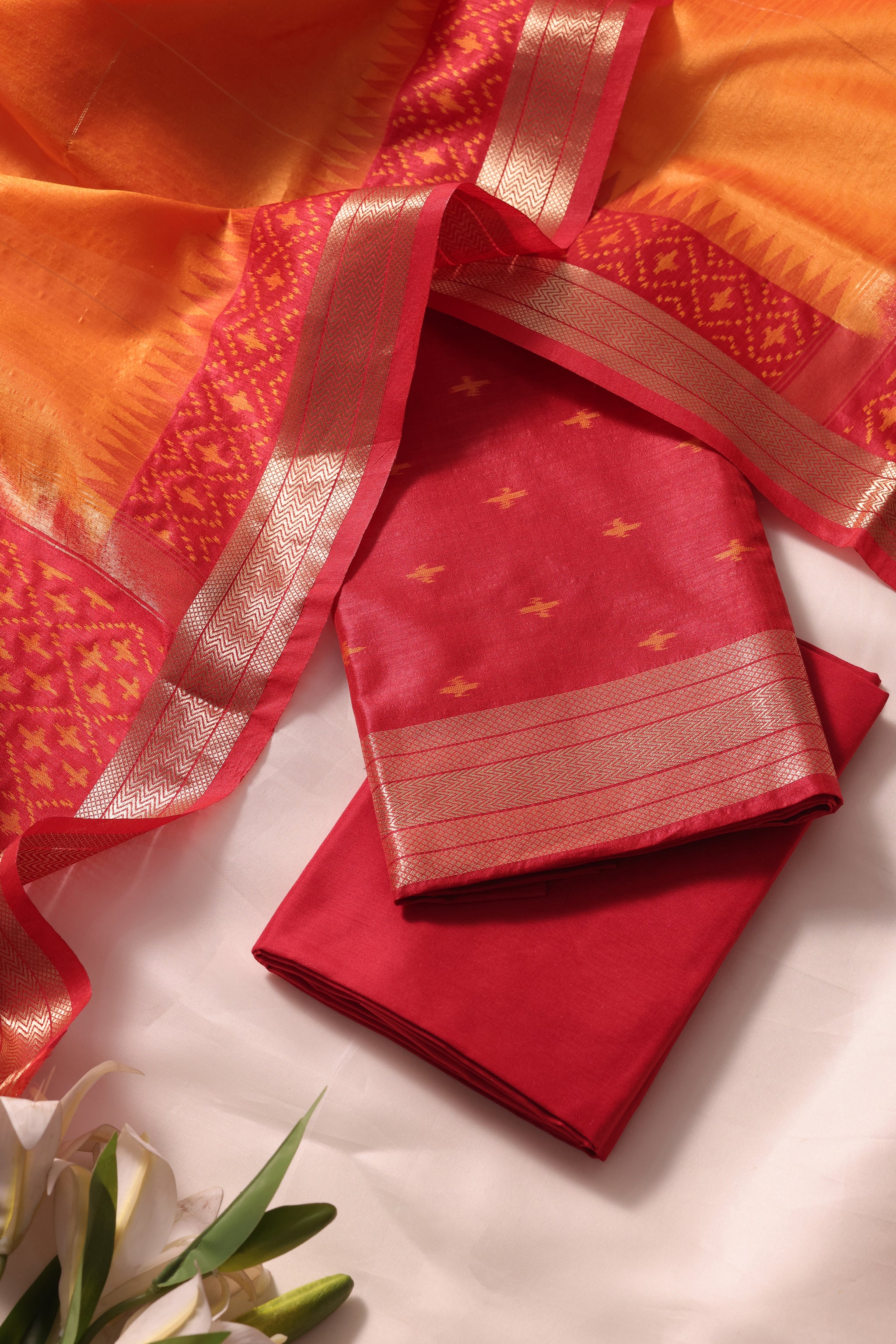 Drapia Red Raw Silk Unstitched Suit Set