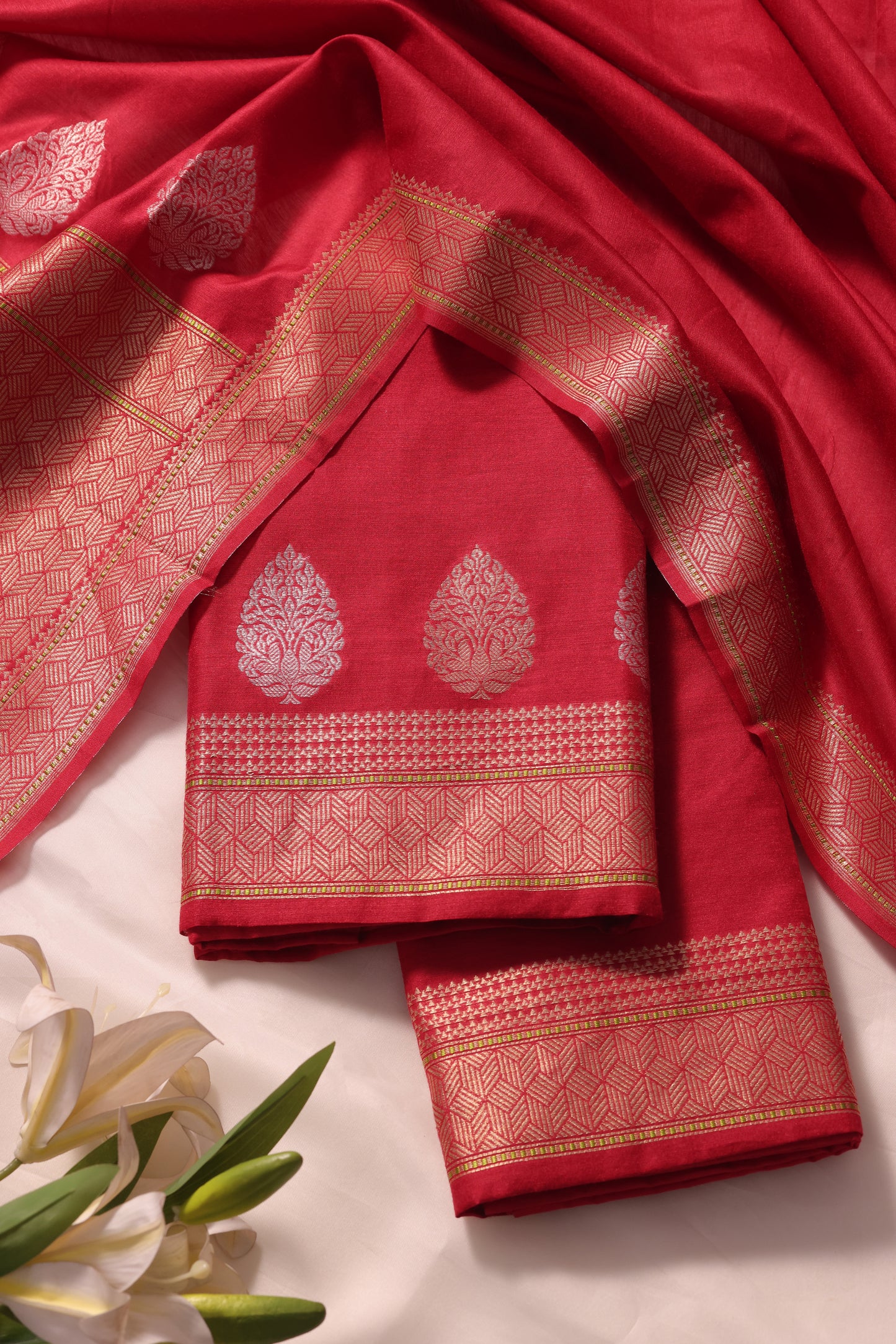 Brielle Red Cotton Silk Unstitched Suit Set