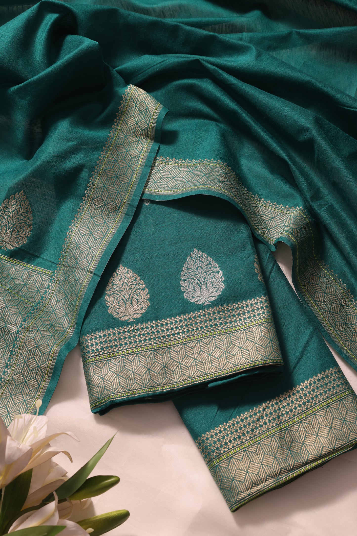Brielle Teal Cotton Silk Unstitched Suit Set