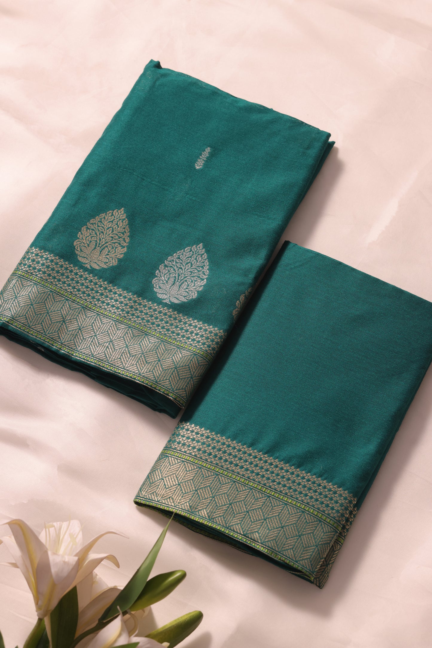 Brielle Teal Cotton Silk Unstitched Suit Set