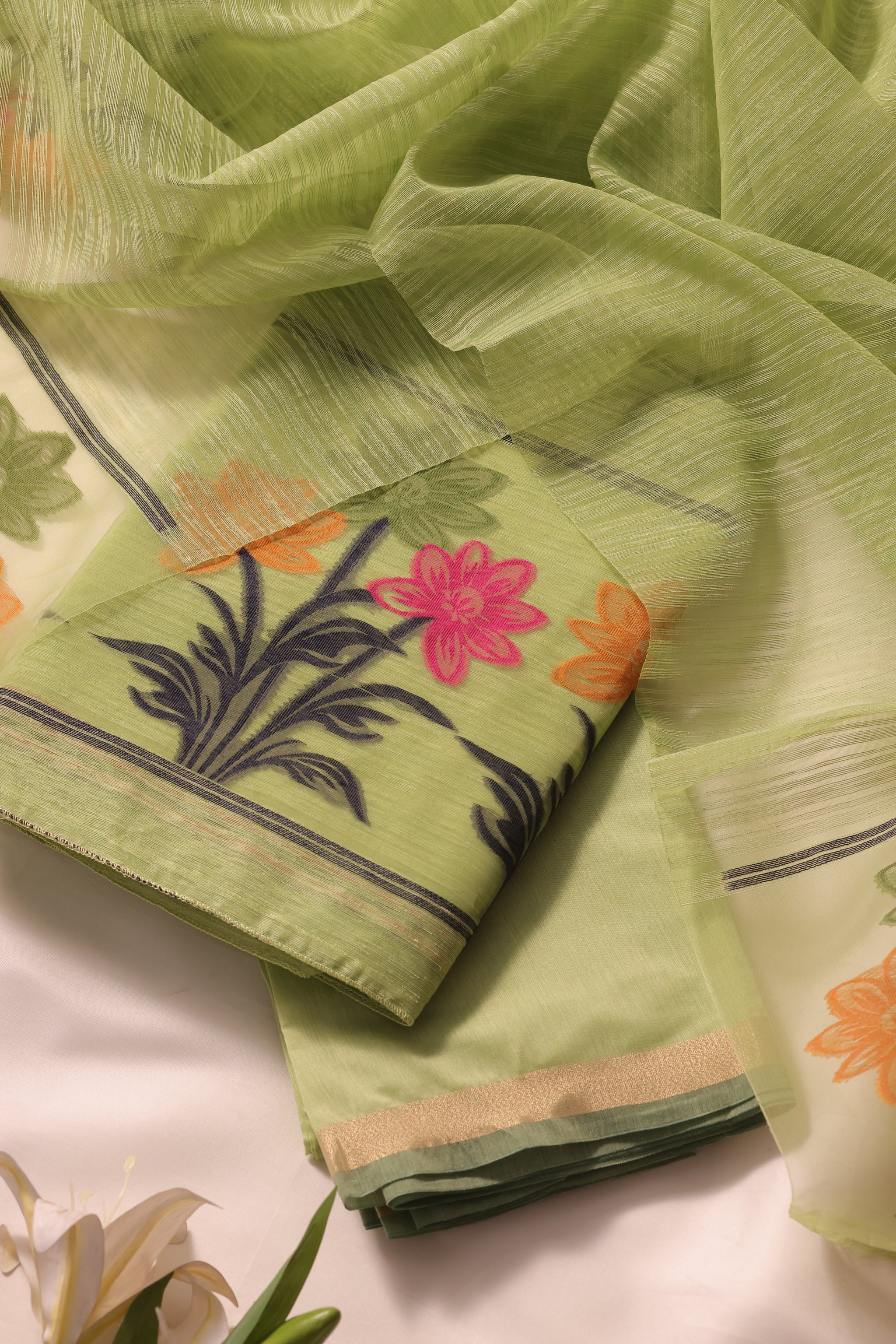 Floris Pista Green Muga Silk Unstitched Suit Set